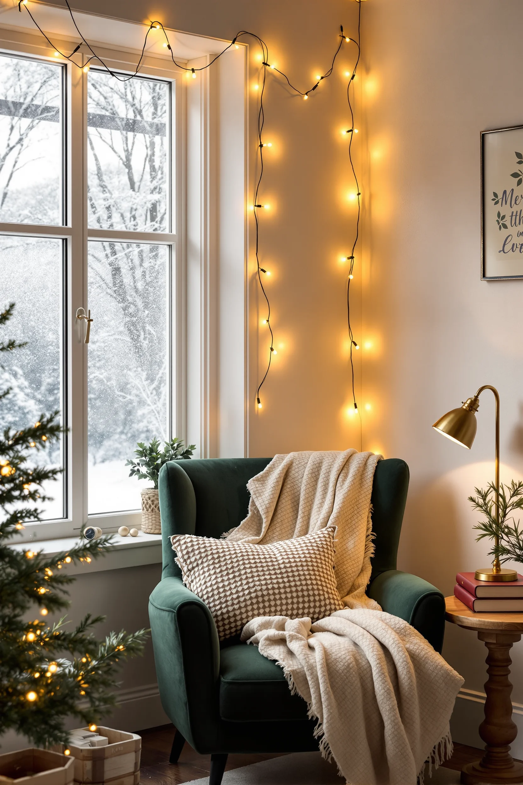 christmas cozy reading nook inspiration with brass lamp cream throw and holiday reading corner setup