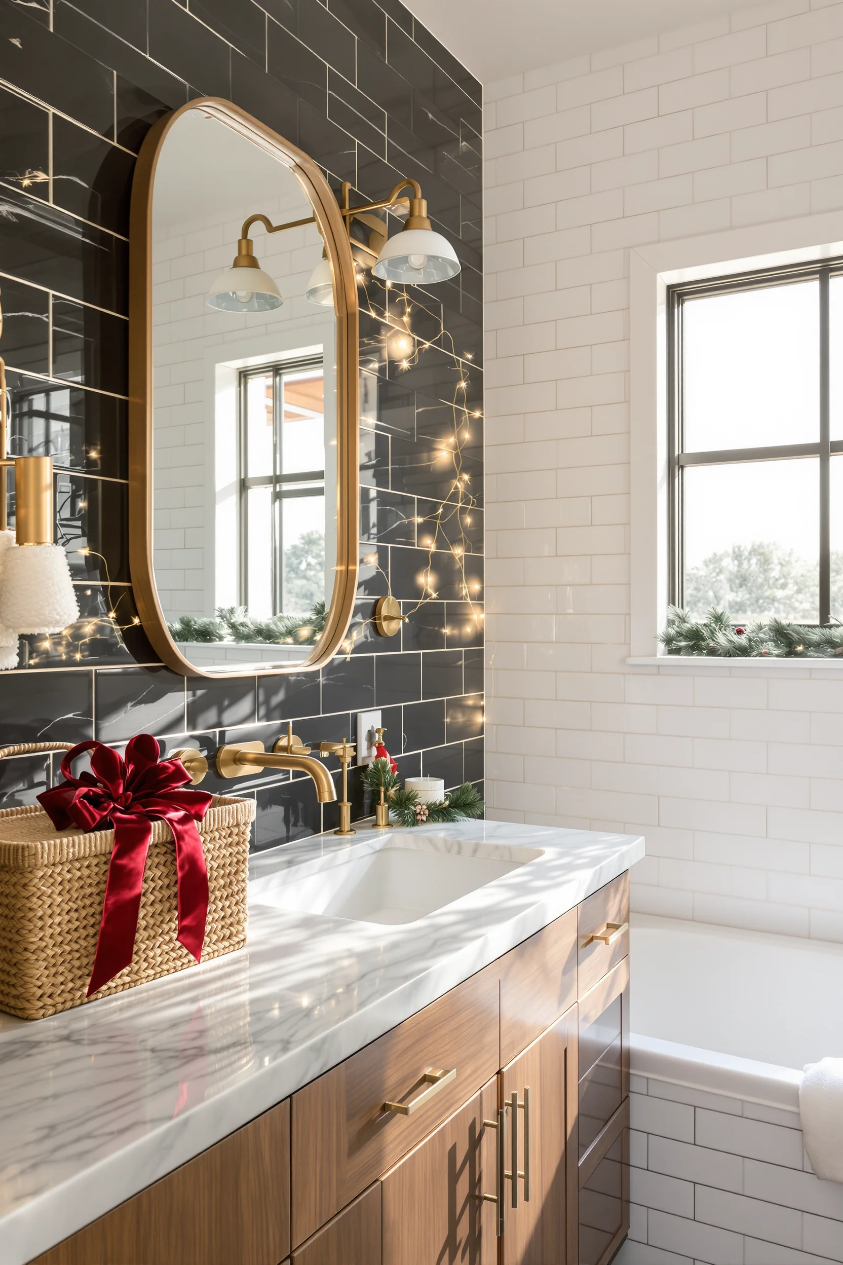 christmas decor bathroom aesthetics showcasing herringbone walls with premium brass fixtures and holiday accents