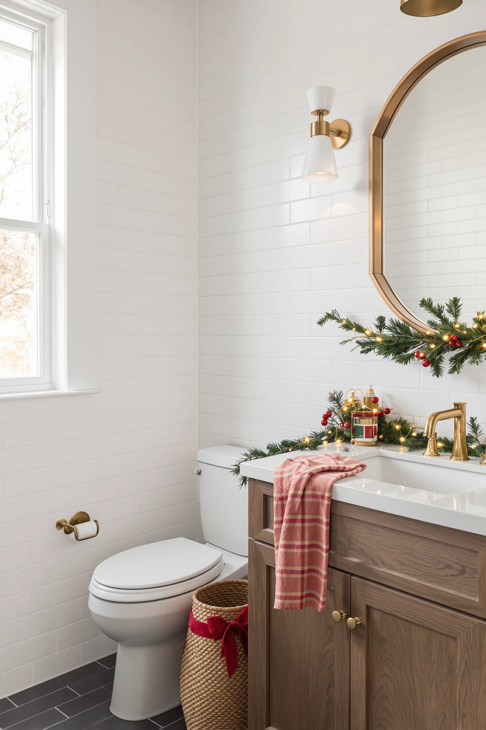 christmas decor bathroom designs showing brass fixtures with evergreen garland and fairy lights