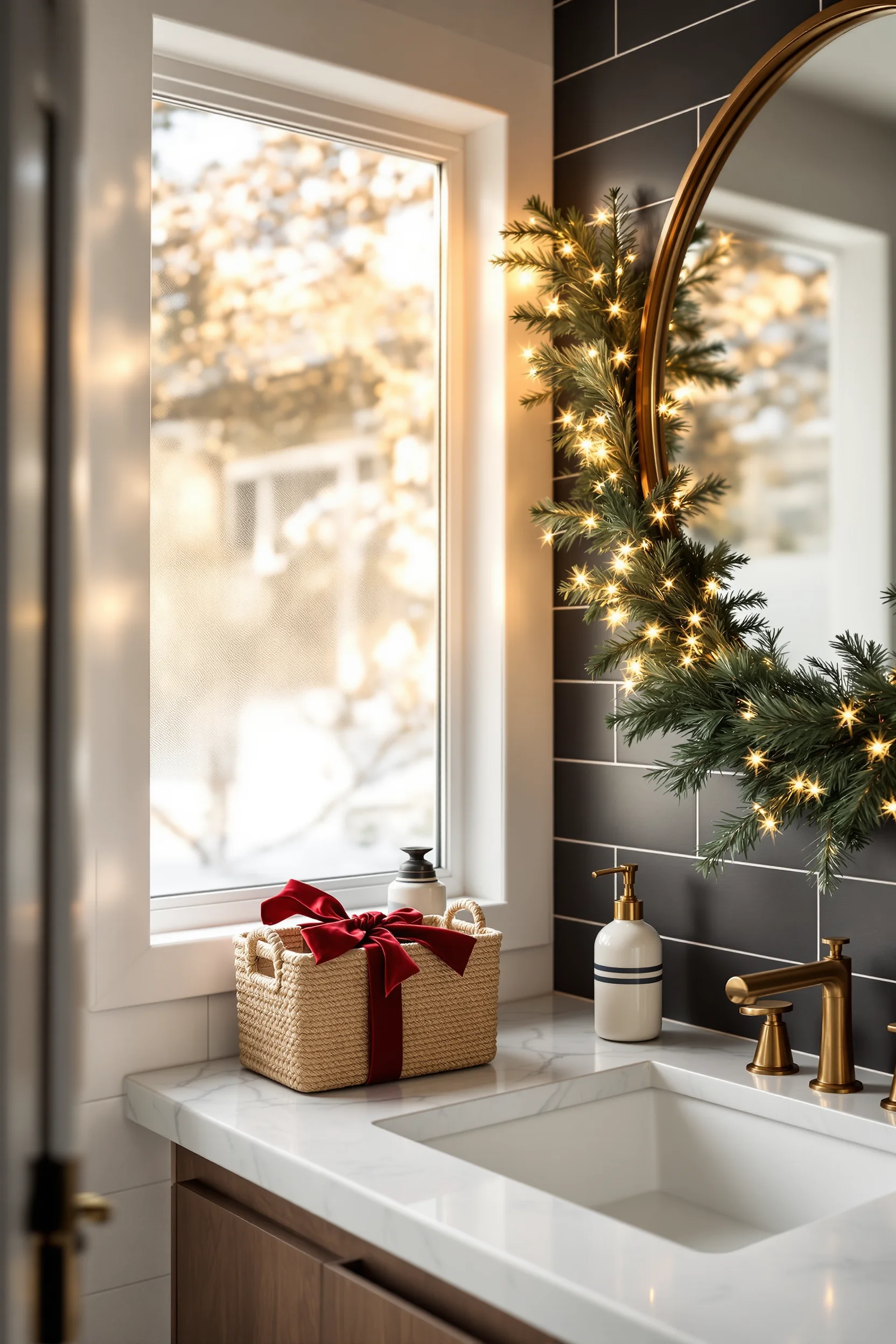 christmas decor bathroom ideas featuring woven basket with red ribbon and charcoal subway tiles