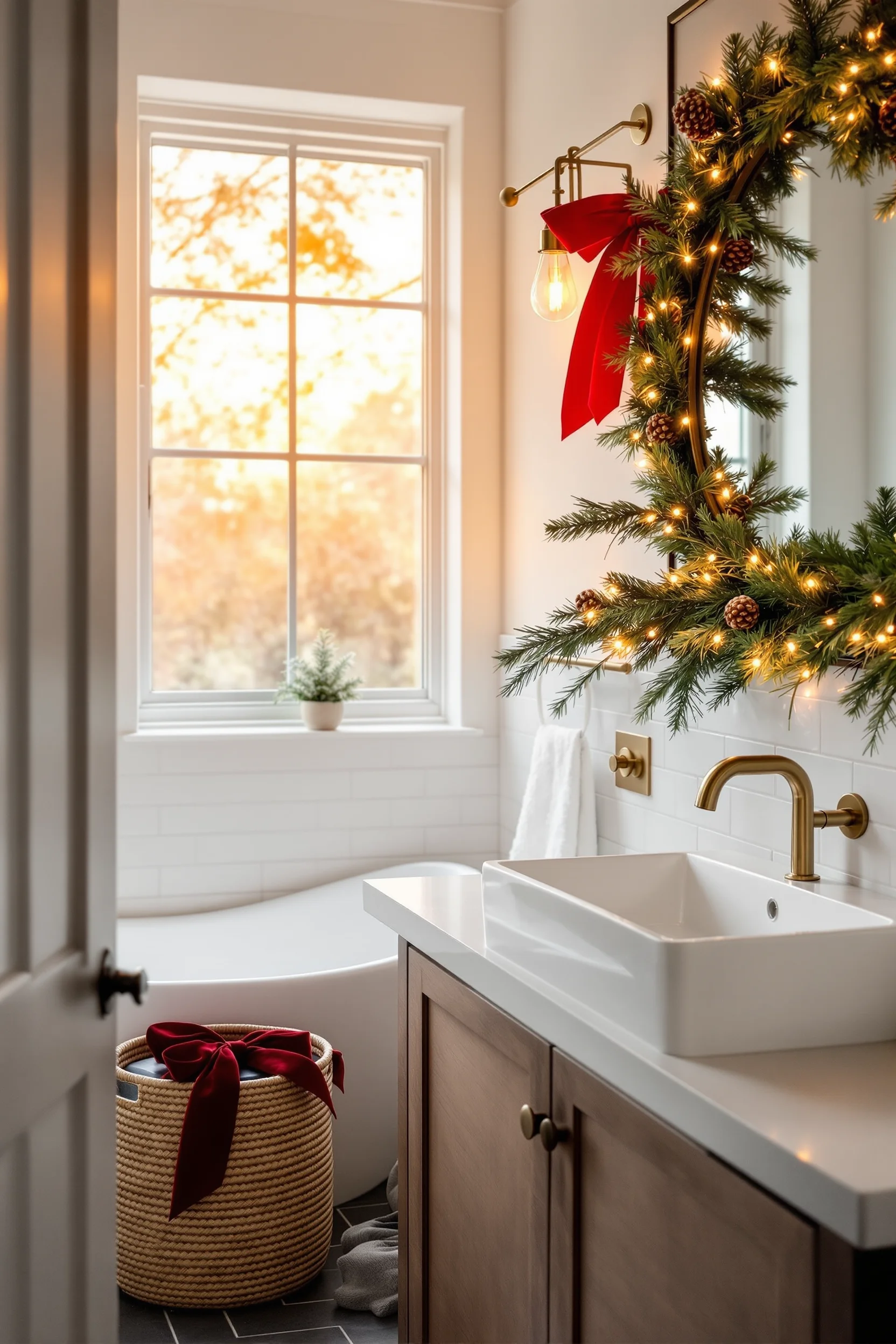 christmas decor bathroom inspiration displaying walnut vanity with festive holiday decorations and lighting