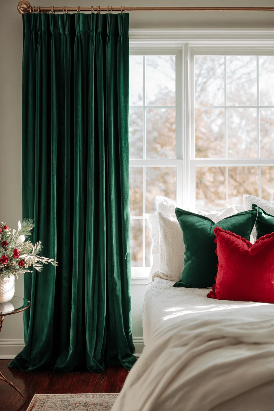 christmas decor bedroom aesthetics displaying elegant green curtains with brass hardware and warm glow
