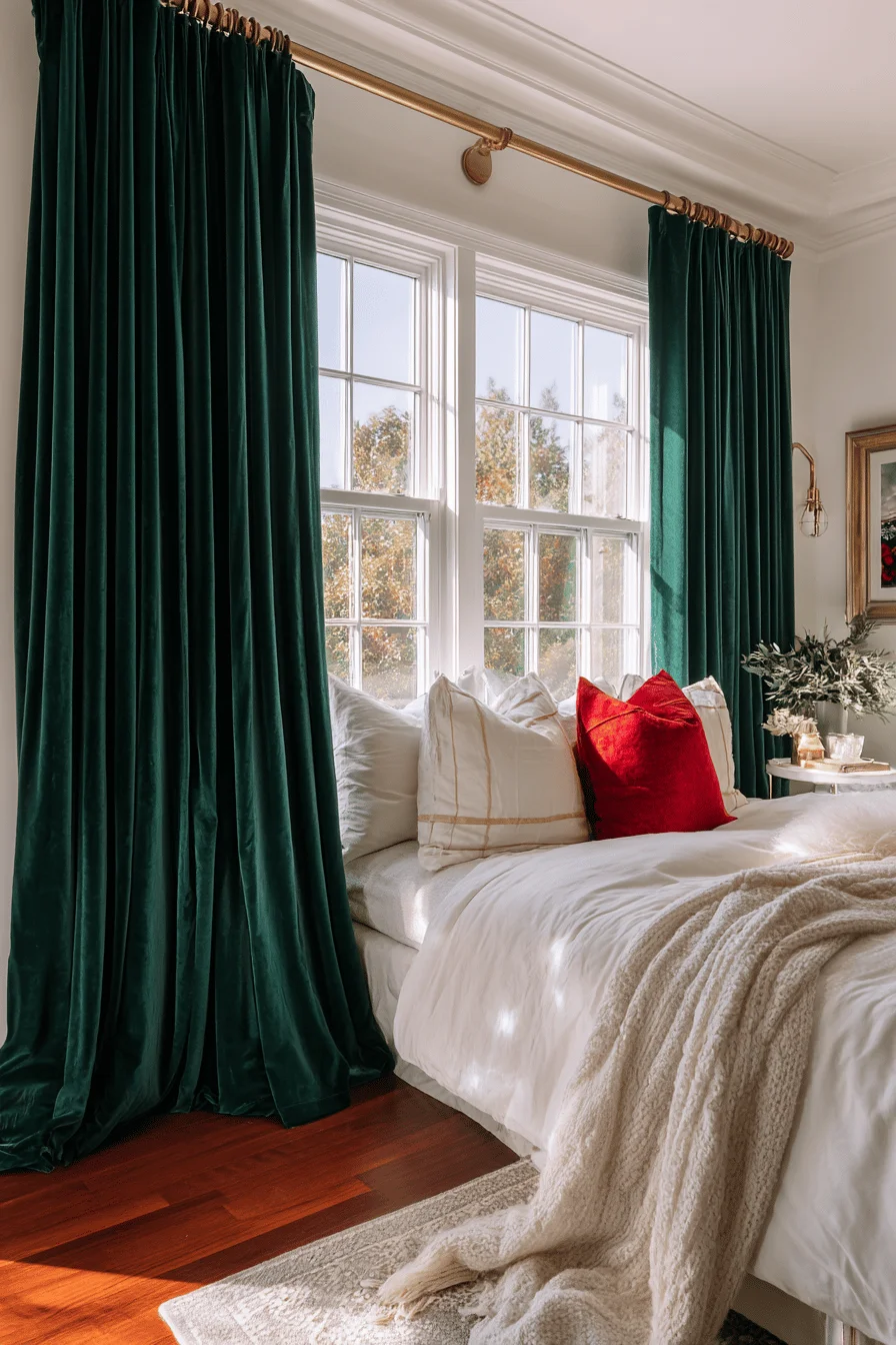 christmas decor bedroom designs showcasing rich green holiday curtains against bright white windows