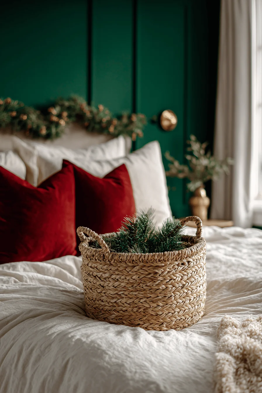christmas decor bedroom ideas featuring elegant storage basket with holiday decorations against emerald wall