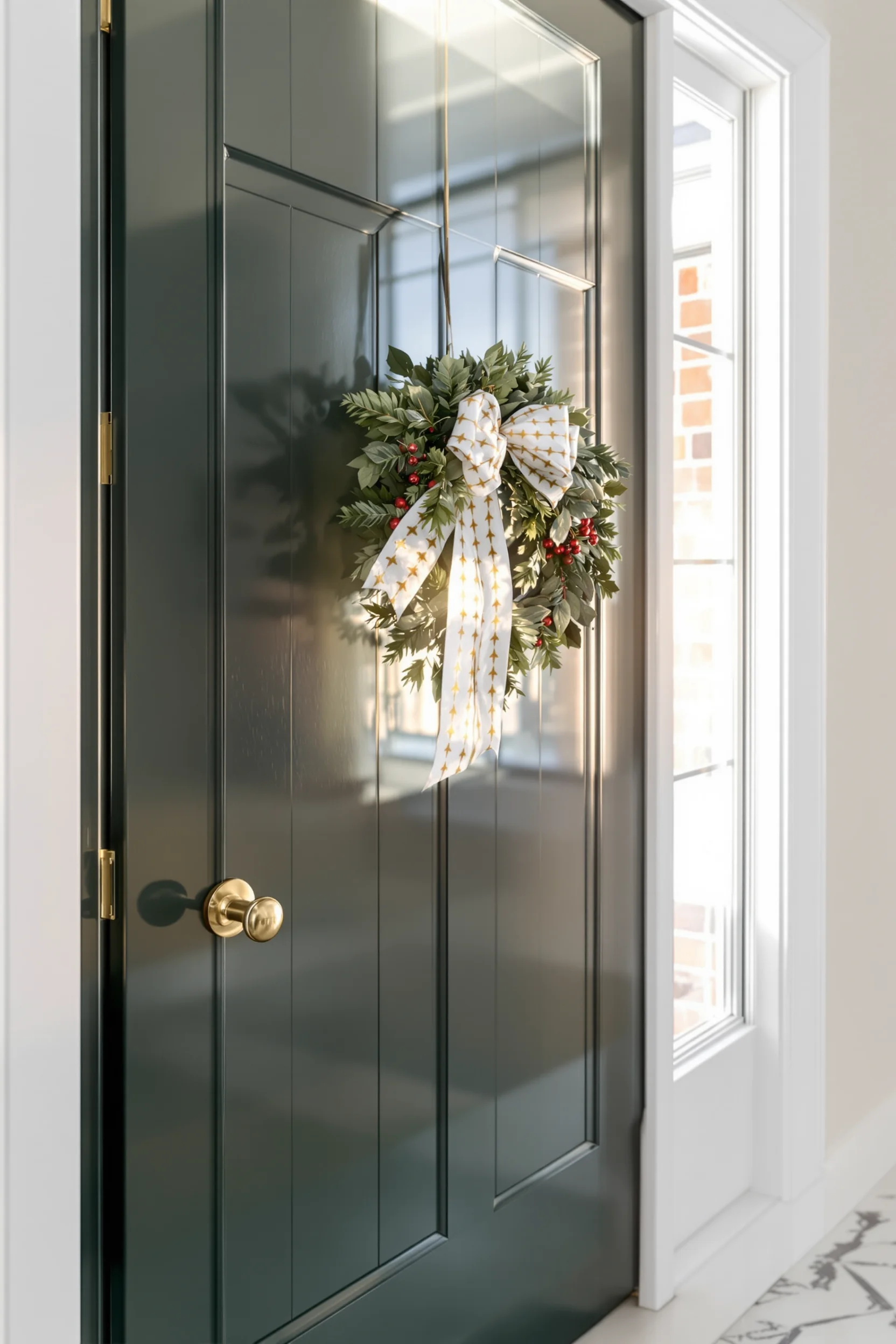christmas decor entryway ideas featuring brass door handle with festive ribbon and elegant wreath