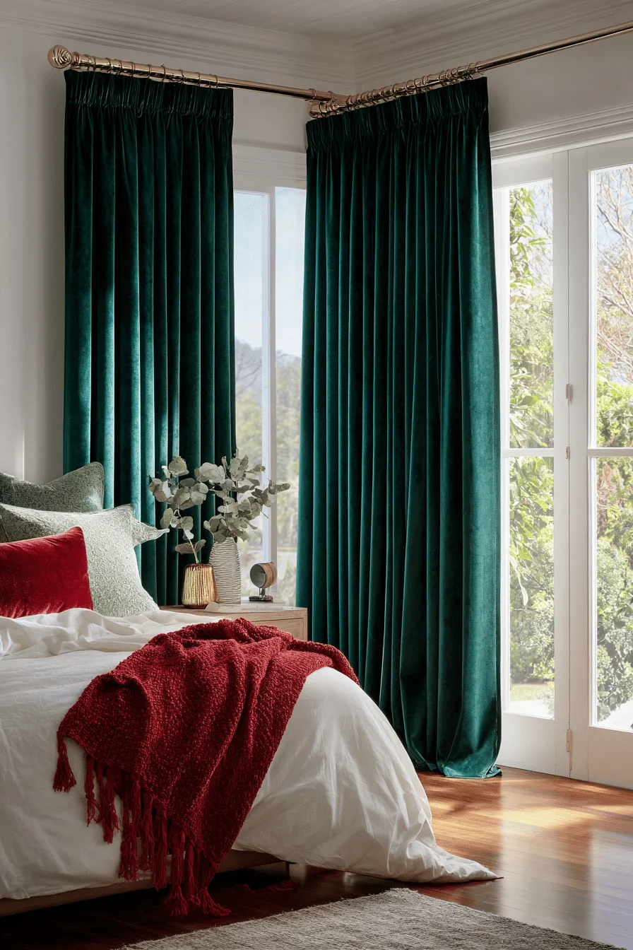christmas decor ideas bedroom featuring luxurious emerald velvet curtains with warm golden lighting