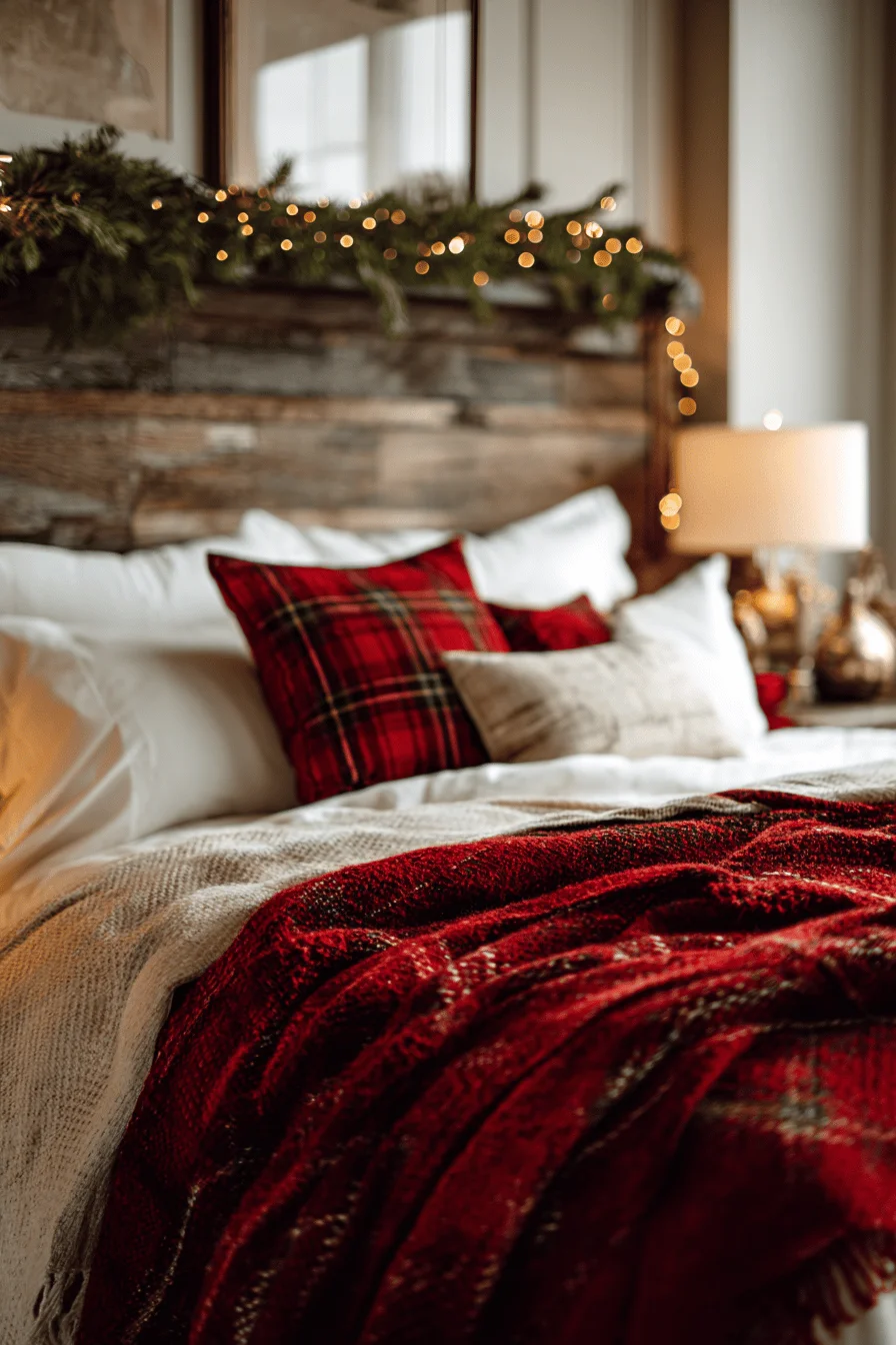 christmas decorations bedroom designs showing luxurious red and cream color scheme with golden hour lighting and holiday decor