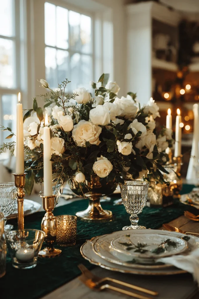 christmas dining room decor aesthetics featuring luxurious holiday table with greenery and crystal elements
