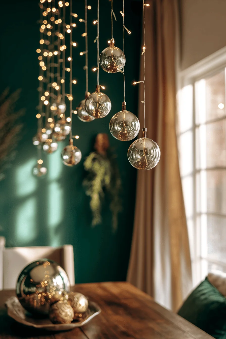 christmas dining room designs showing warm lighting cascades with brass hardware and mercury glass ornaments