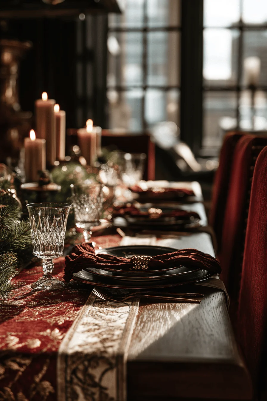 christmas dining room table aesthetics displaying rich burgundy decor fresh greenery and elegant place settings