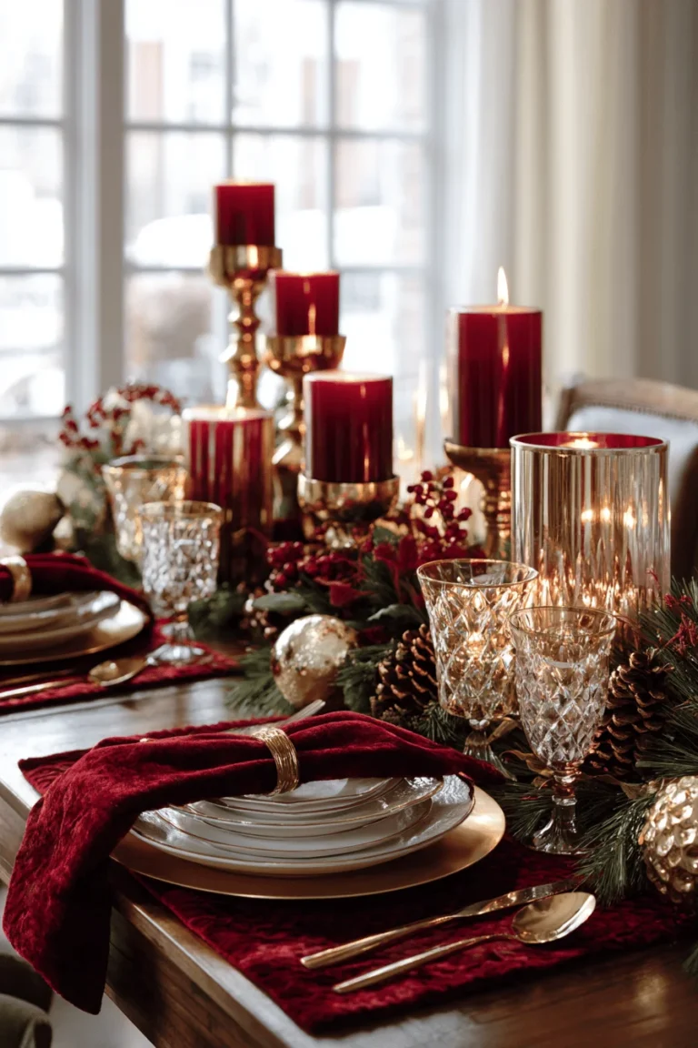 christmas dining table decor designs showcasing premium crystal glassware with evergreen garland and pine cones