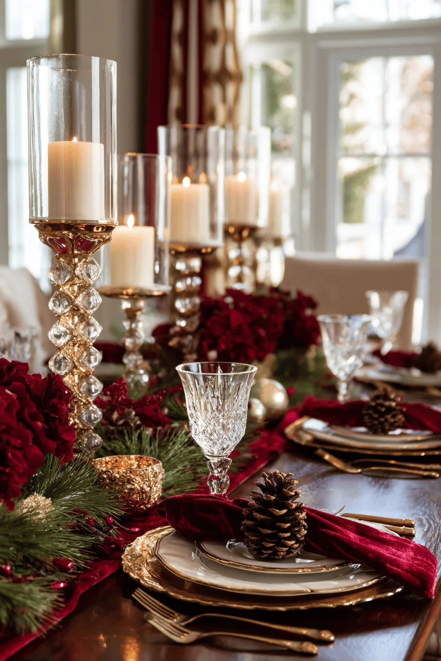 christmas dining table decor ideas featuring mixed height centerpiece with red velvet and gold ornaments