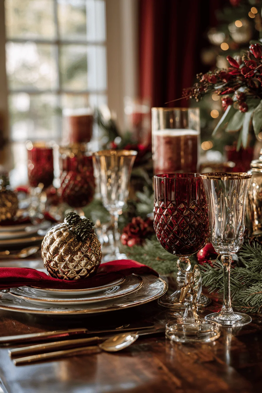 christmas dining table decor inspiration displaying cascading red ribbon with fresh greenery and warm lighting