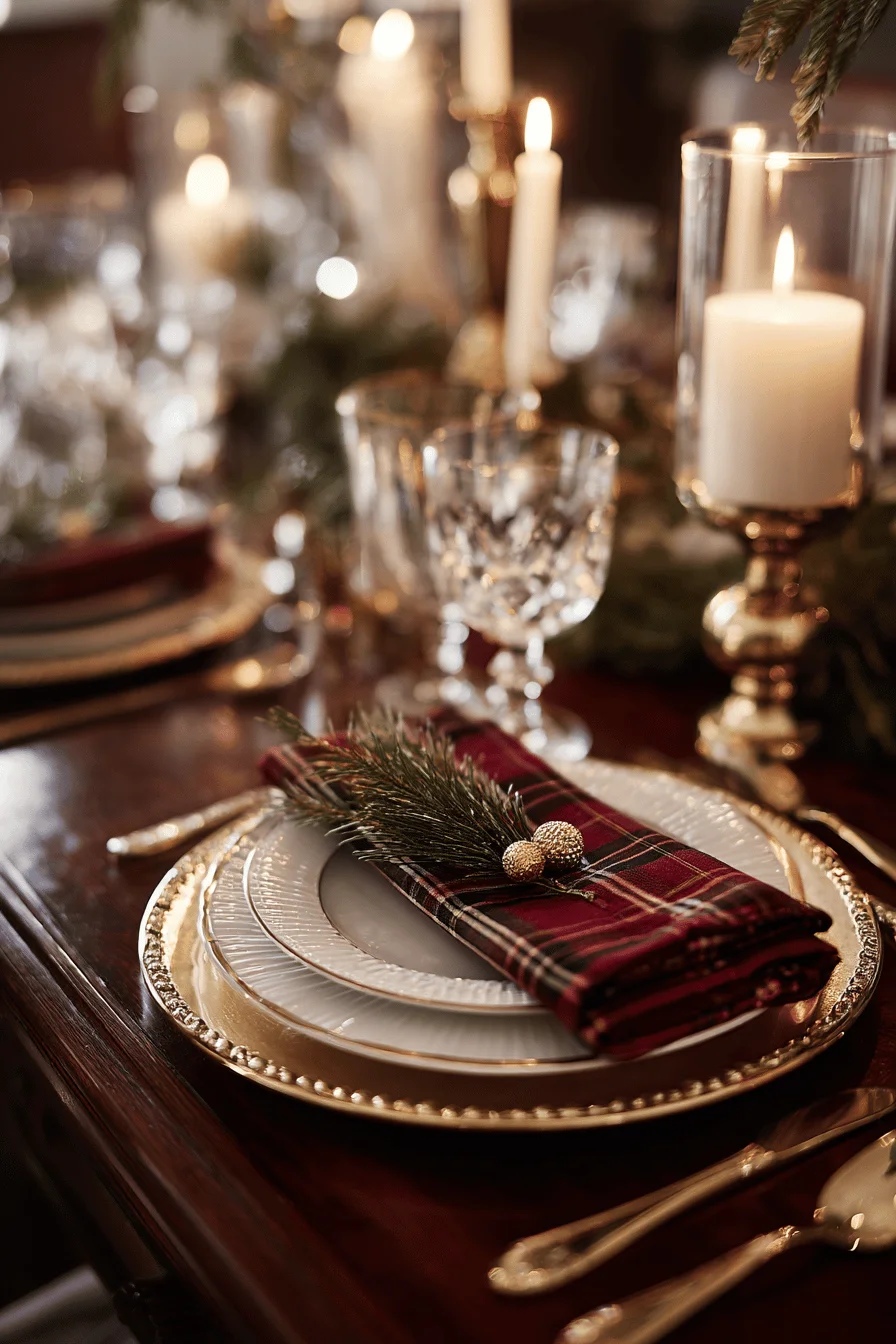 christmas dining table designs with crystal stemware brass candlesticks evergreen sprigs gold ornament accents