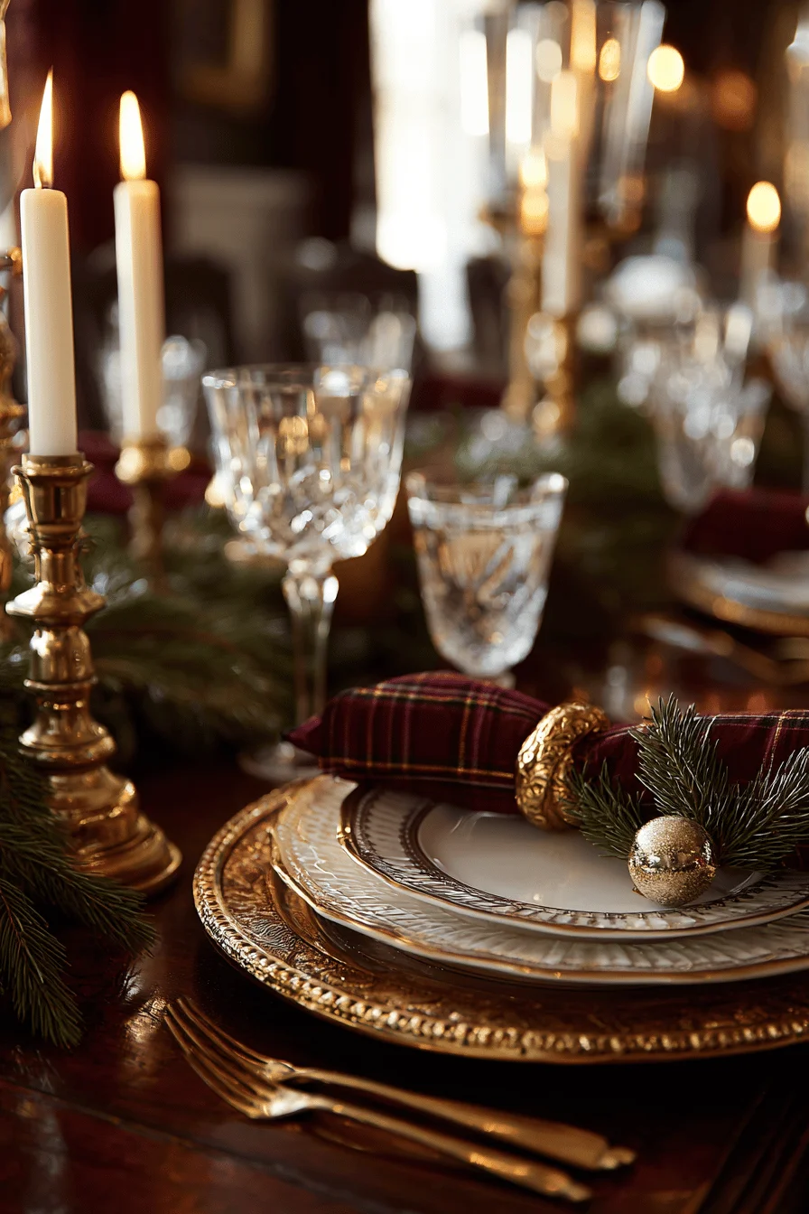 christmas dining table ideas featuring gold charger plates white dinnerware burgundy plaid napkins candlelight