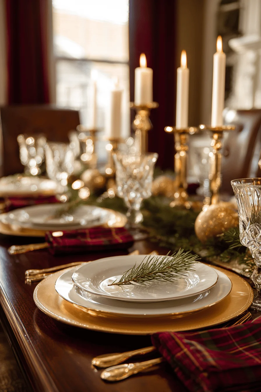 christmas dining table inspiration showing polished mahogany table dramatic shadows premium glassware arrangement