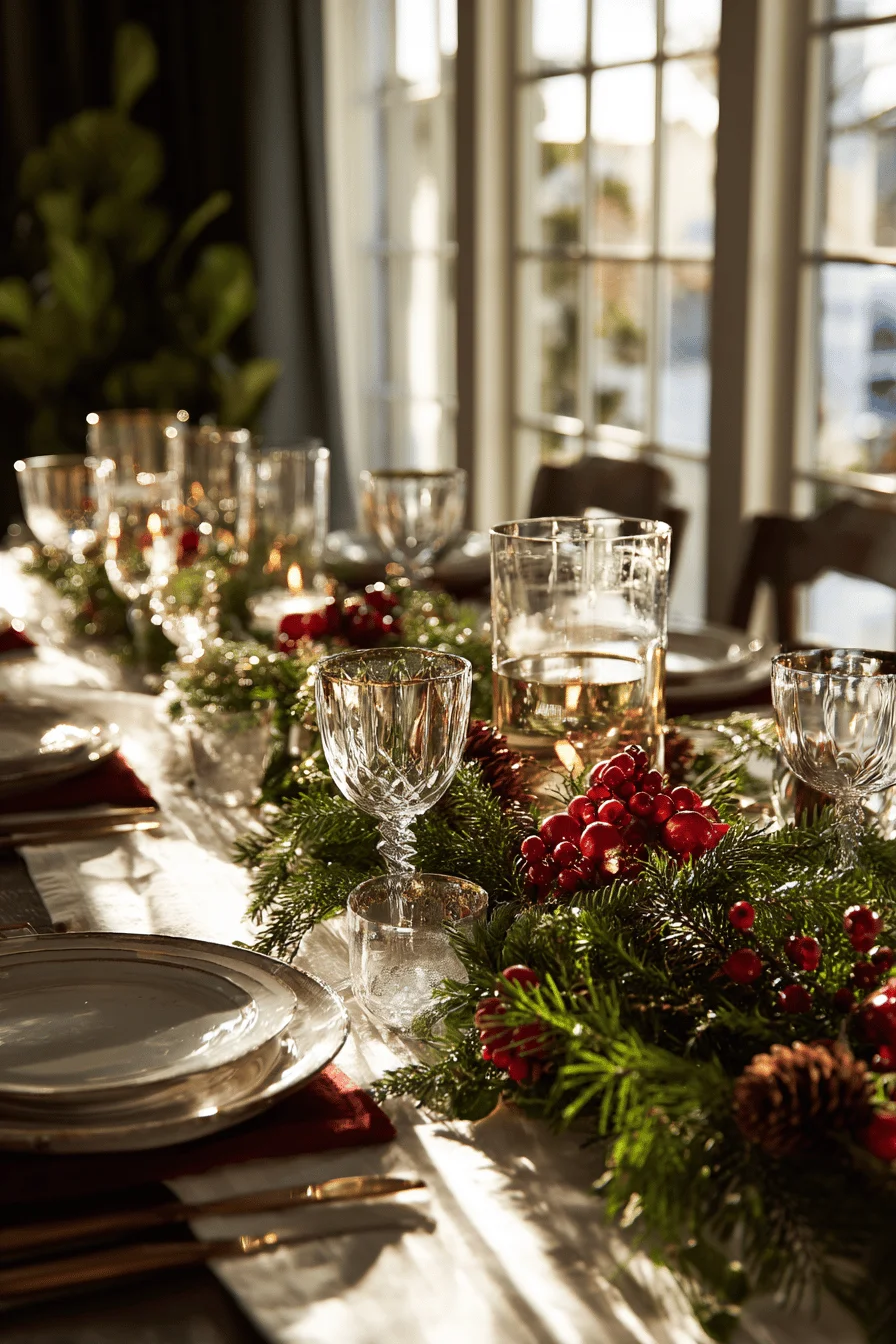 christmas dinner table settings aesthetics displaying dramatic shadows warm lighting and premium holiday table decor