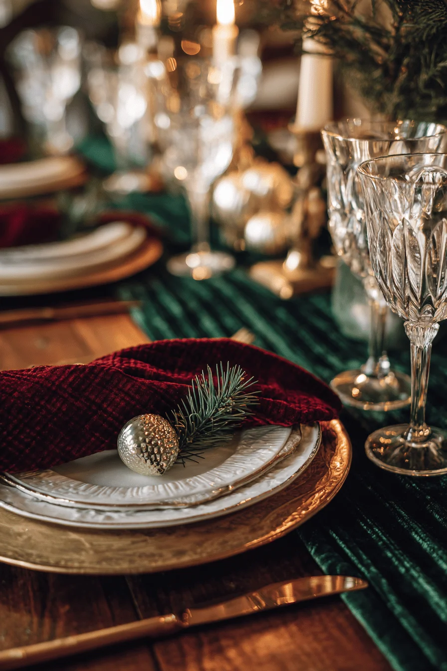 christmas dinner table settings inspiration showing luxurious brass and crystal place setting with festive centerpiece