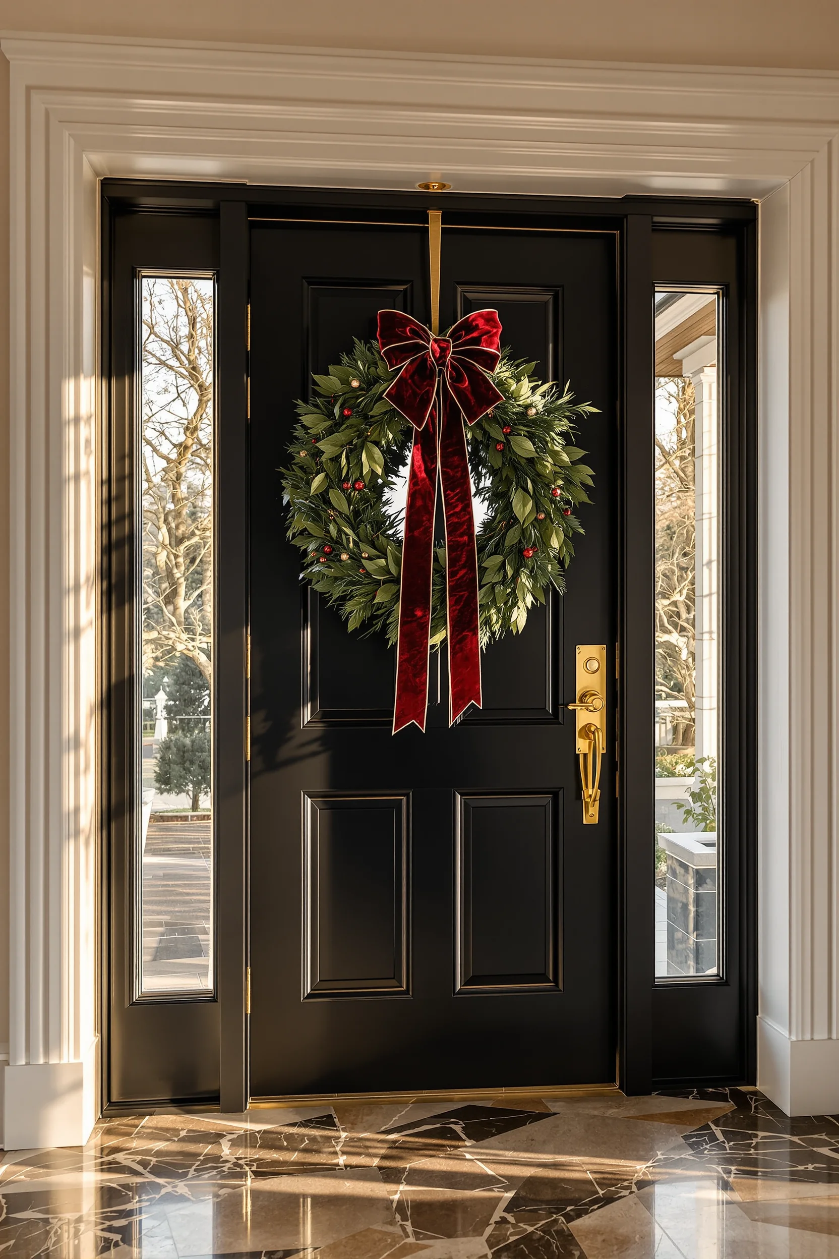 christmas entry table decor inspiration with elegant wreath and warm golden lighting design