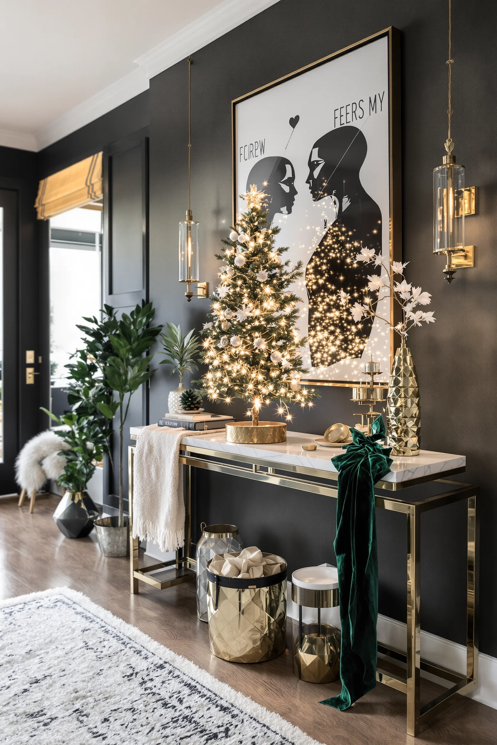 christmas entryway decor designs showcasing golden lighting and brass accents with cashmere throw styling