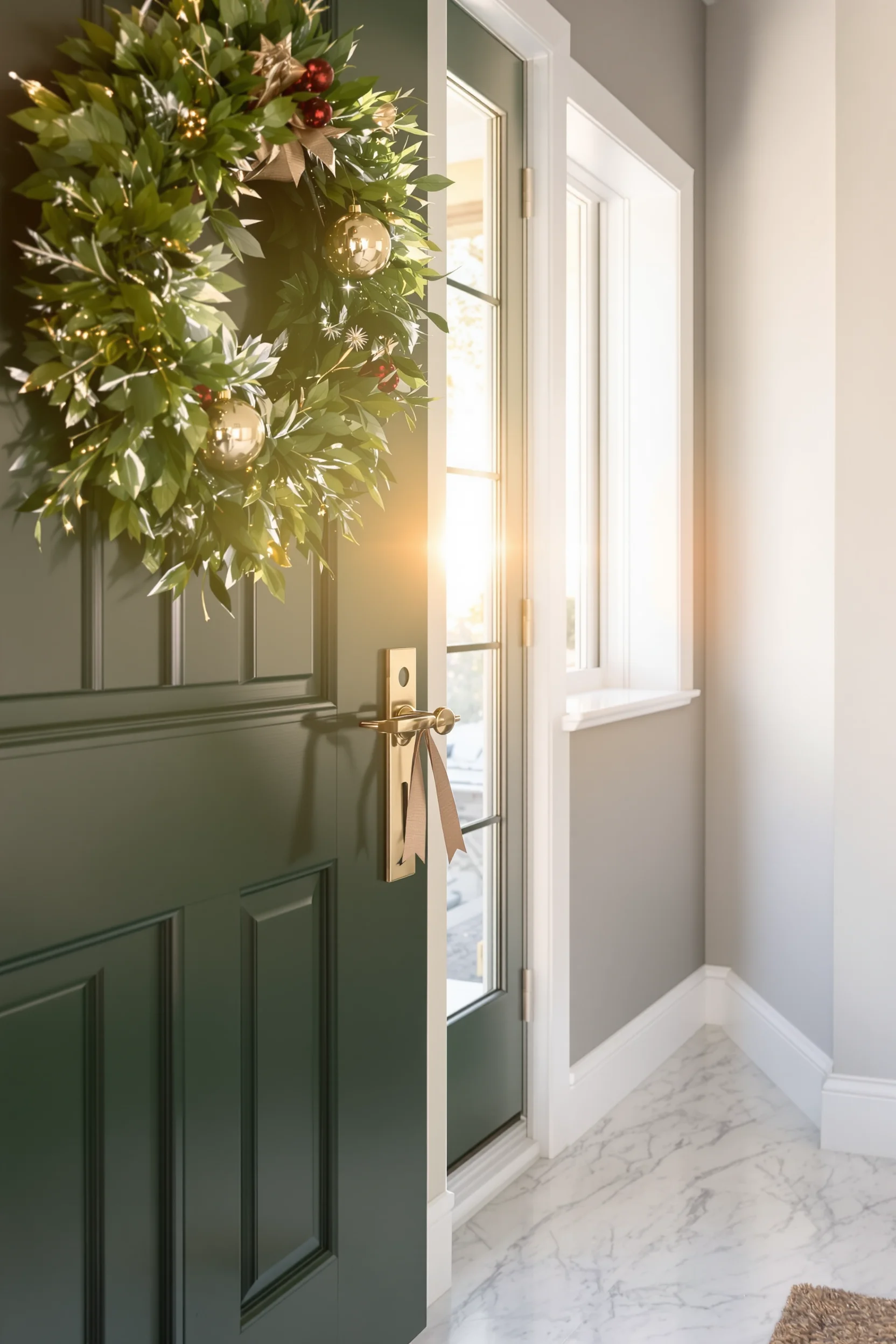 christmas entryway decor with forest green door white trim and golden hour lighting effects