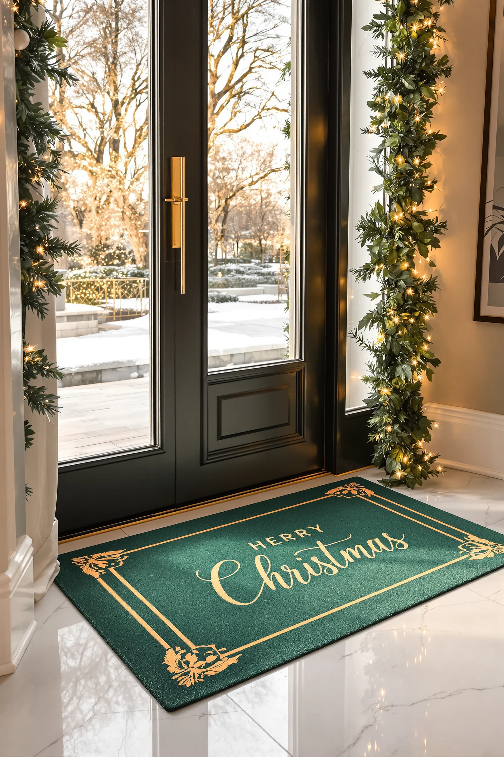 christmas entryway designs showcasing luxurious festive doormat with brass corner detail and warm lighting