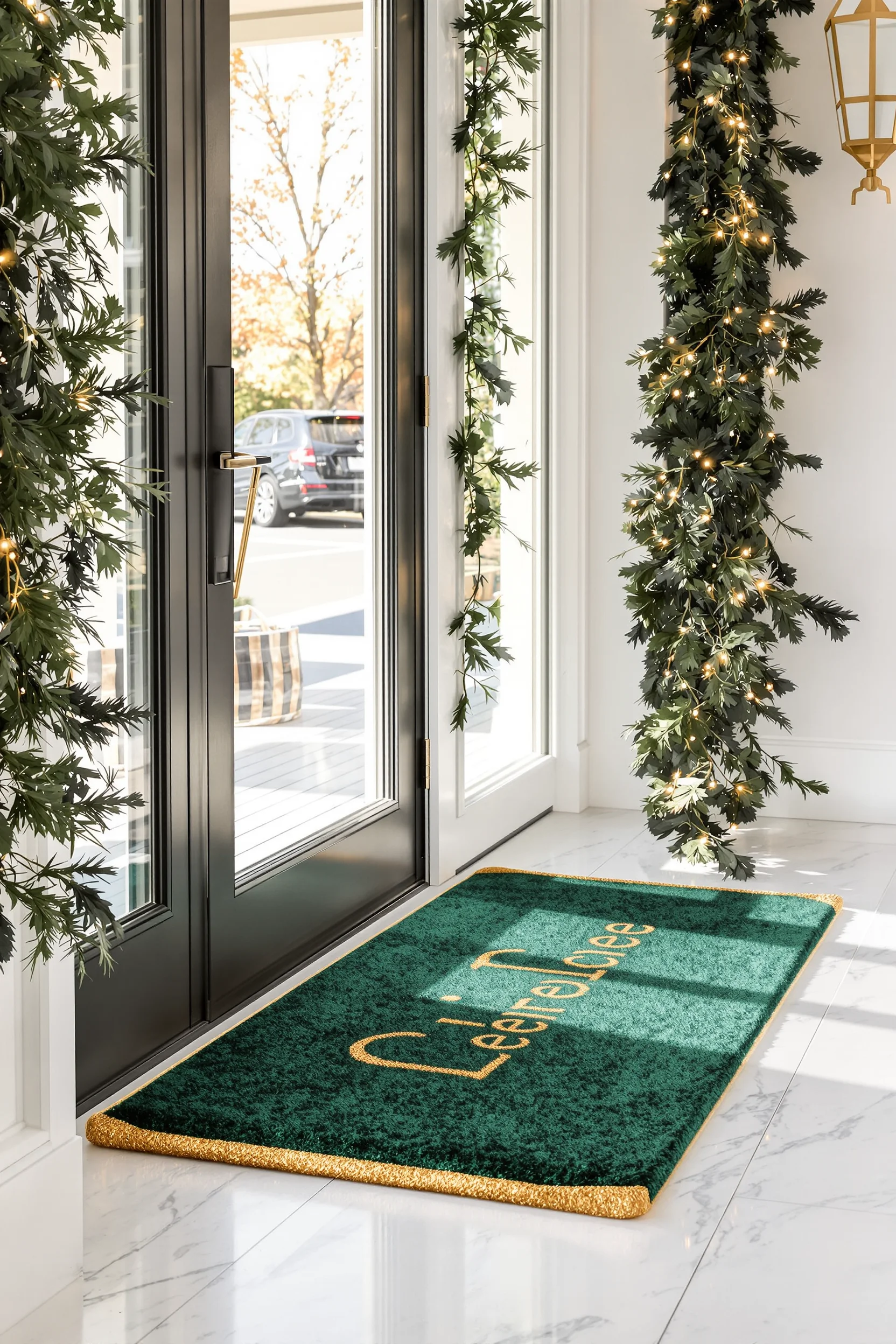 christmas entryway ideas featuring emerald green doormat with gold accents on white marble flooring
