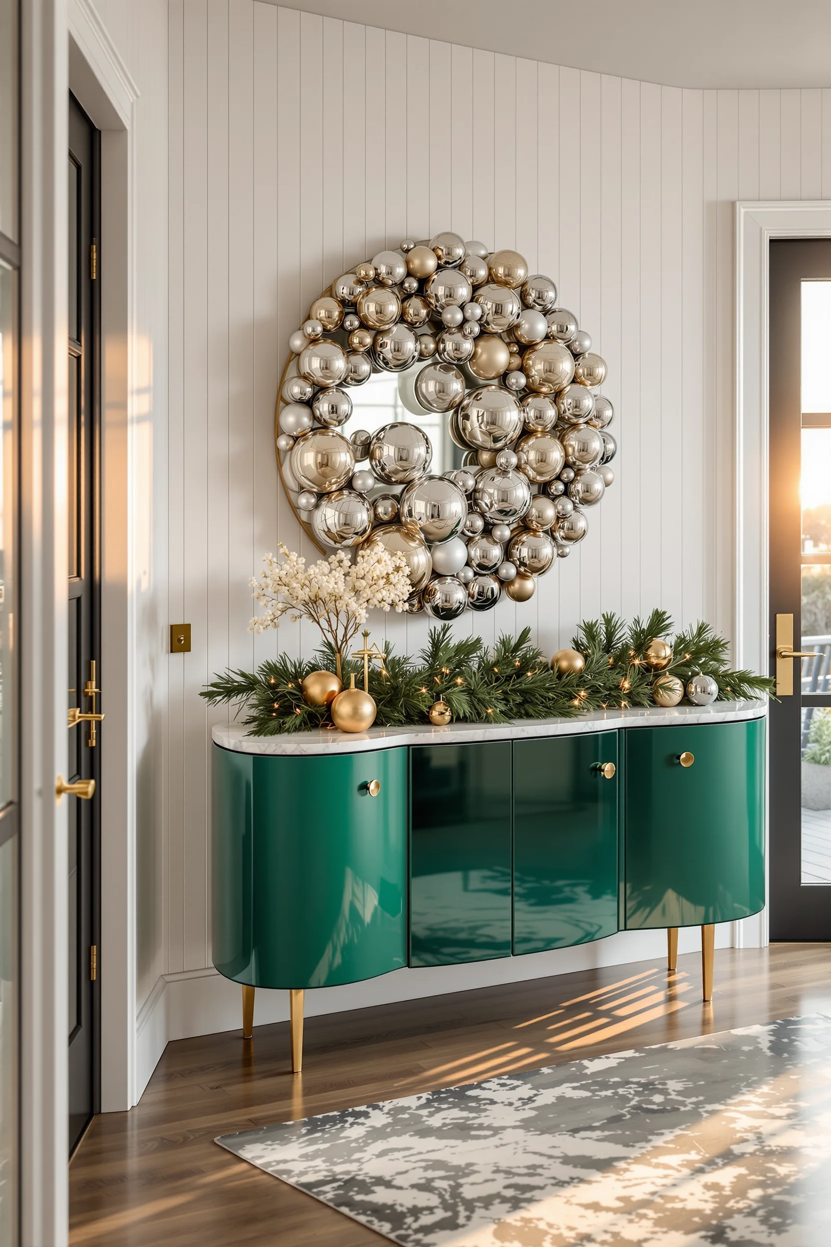 christmas entryway table aesthetics highlighting fresh garland and sculptural ornament centerpiece arrangement