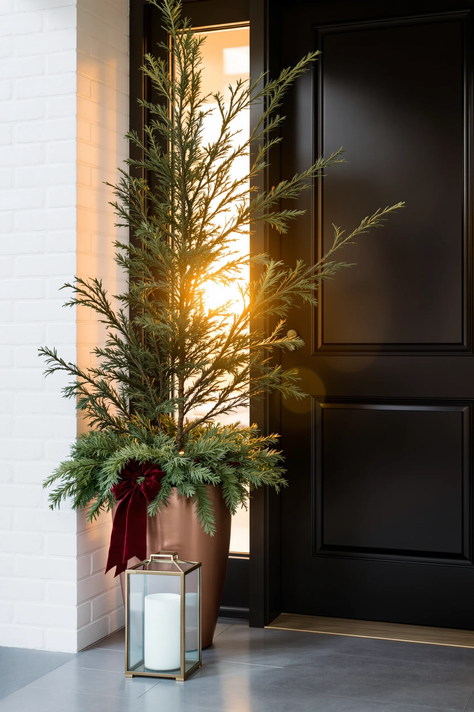 christmas entryway table decor aesthetics displaying layered holiday textures with professional camera shallow depth of field