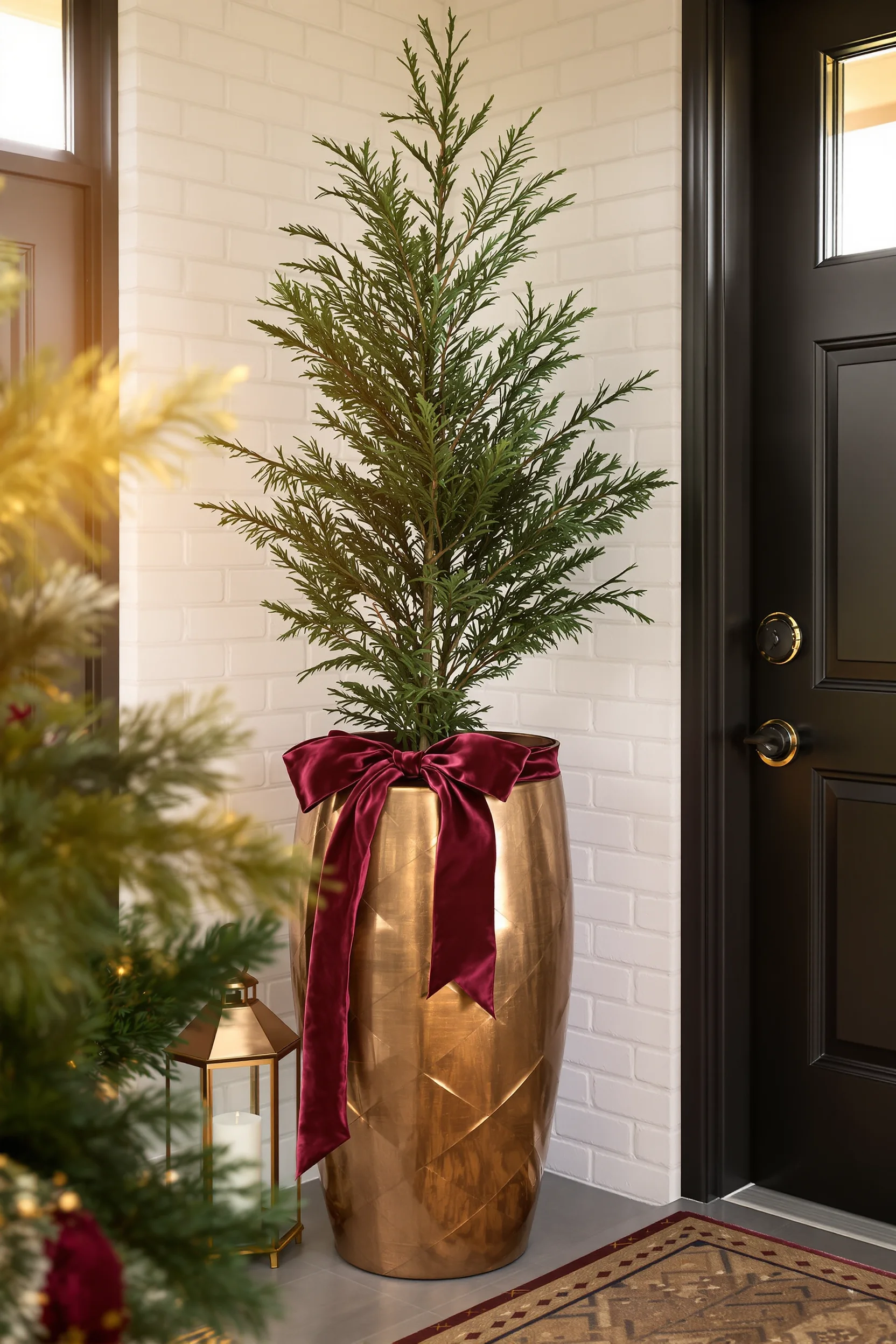 christmas entryway table decor designs with dramatic black door white brick walls and brushed copper planter