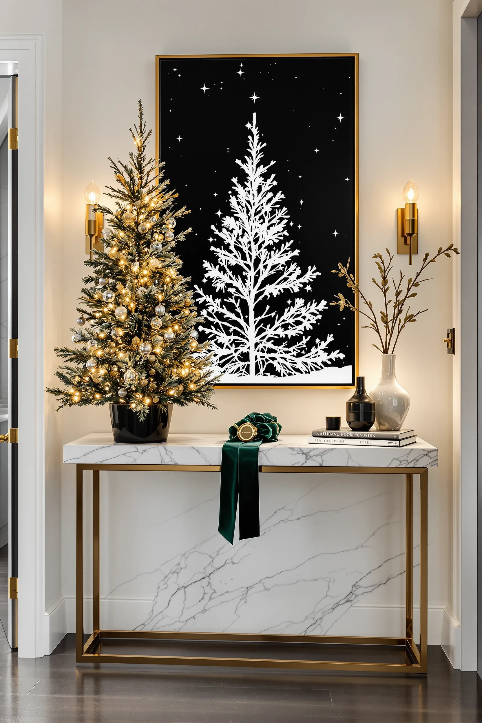 christmas entryway table decor ideas featuring miniature tree with emerald velvet ribbon on marble console