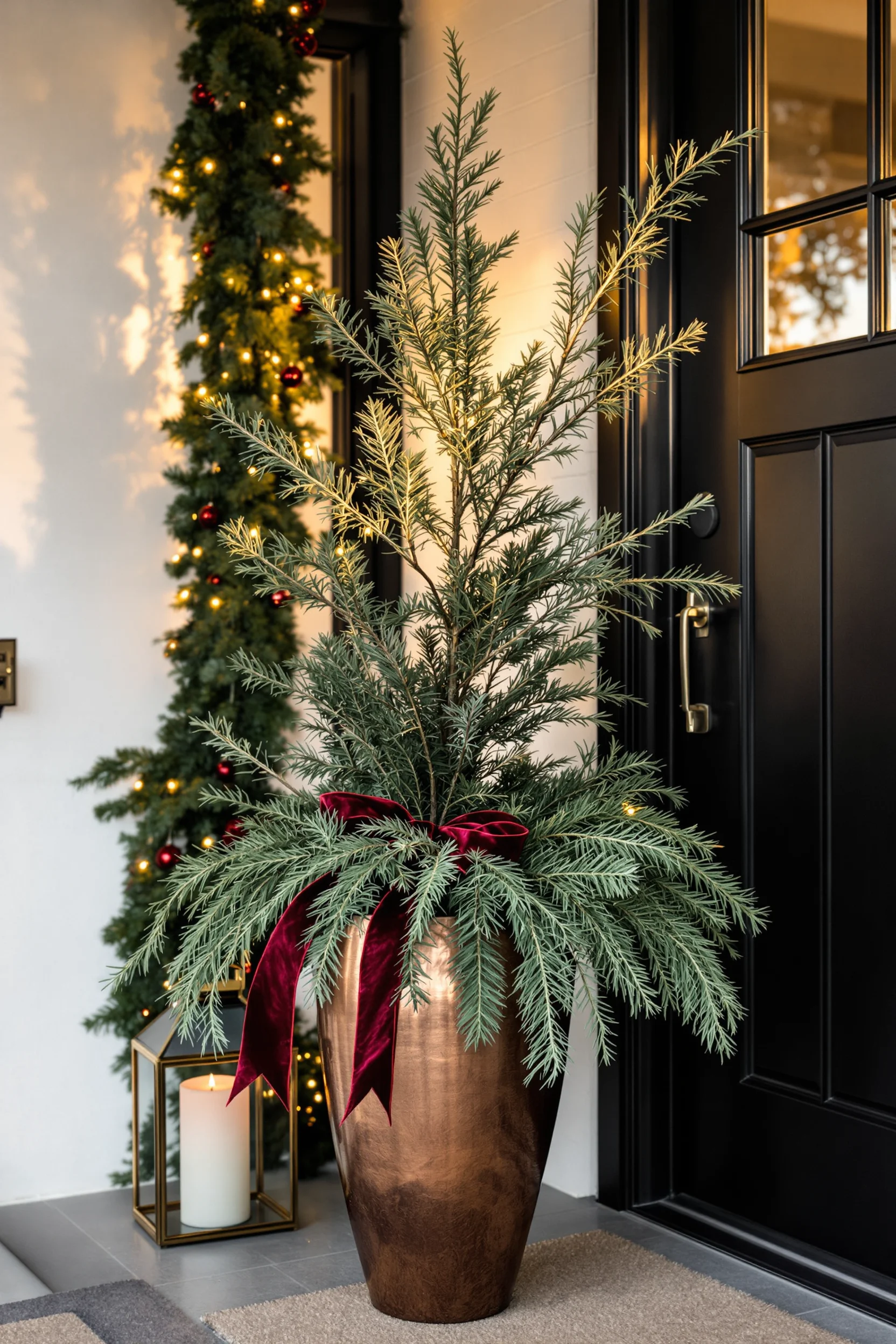 christmas entryway table decor inspiration showing frosted glass lantern with rich pine garland in golden lighting