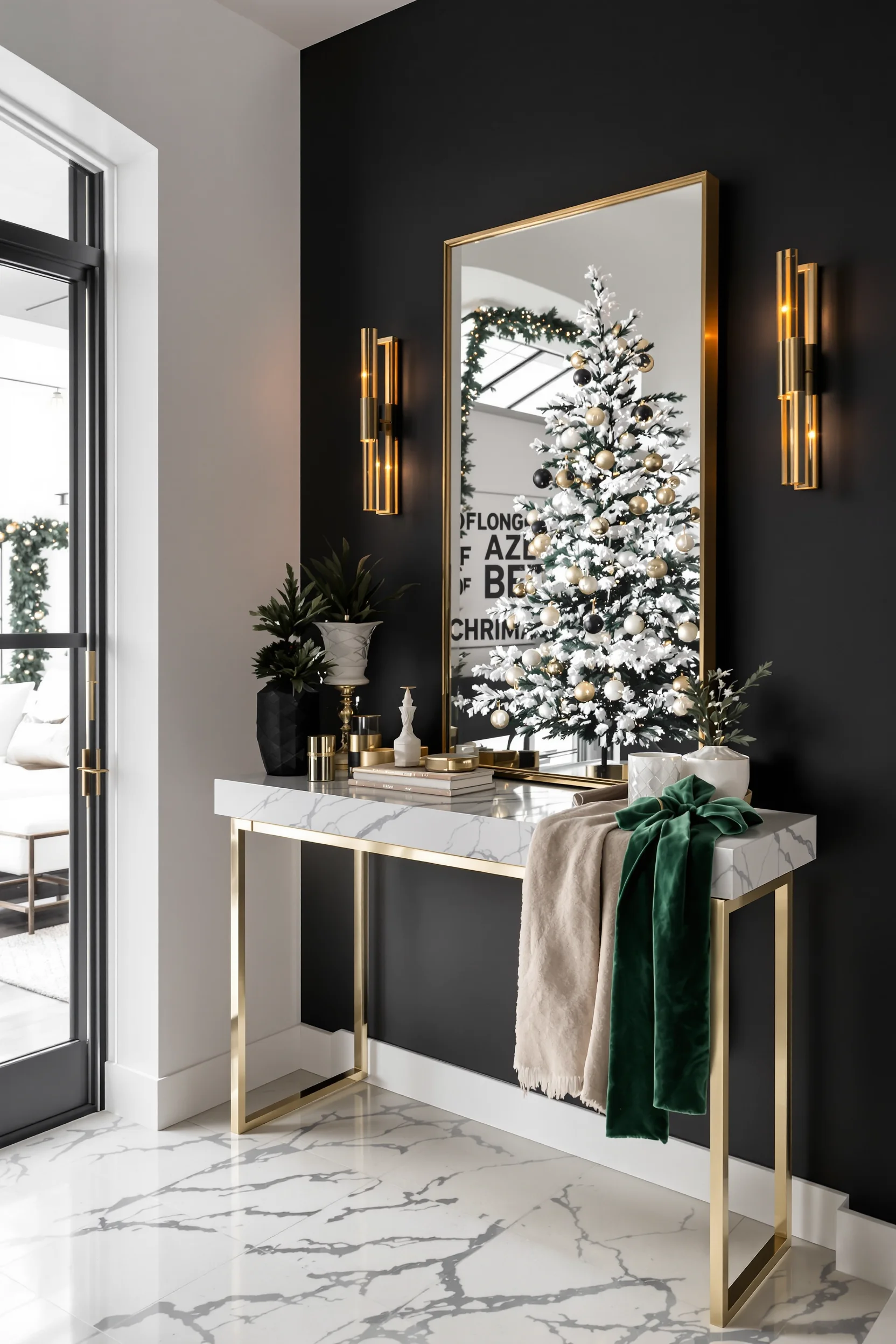 christmas entryway table inspiration displaying elegant black white contrast with professional holiday photography