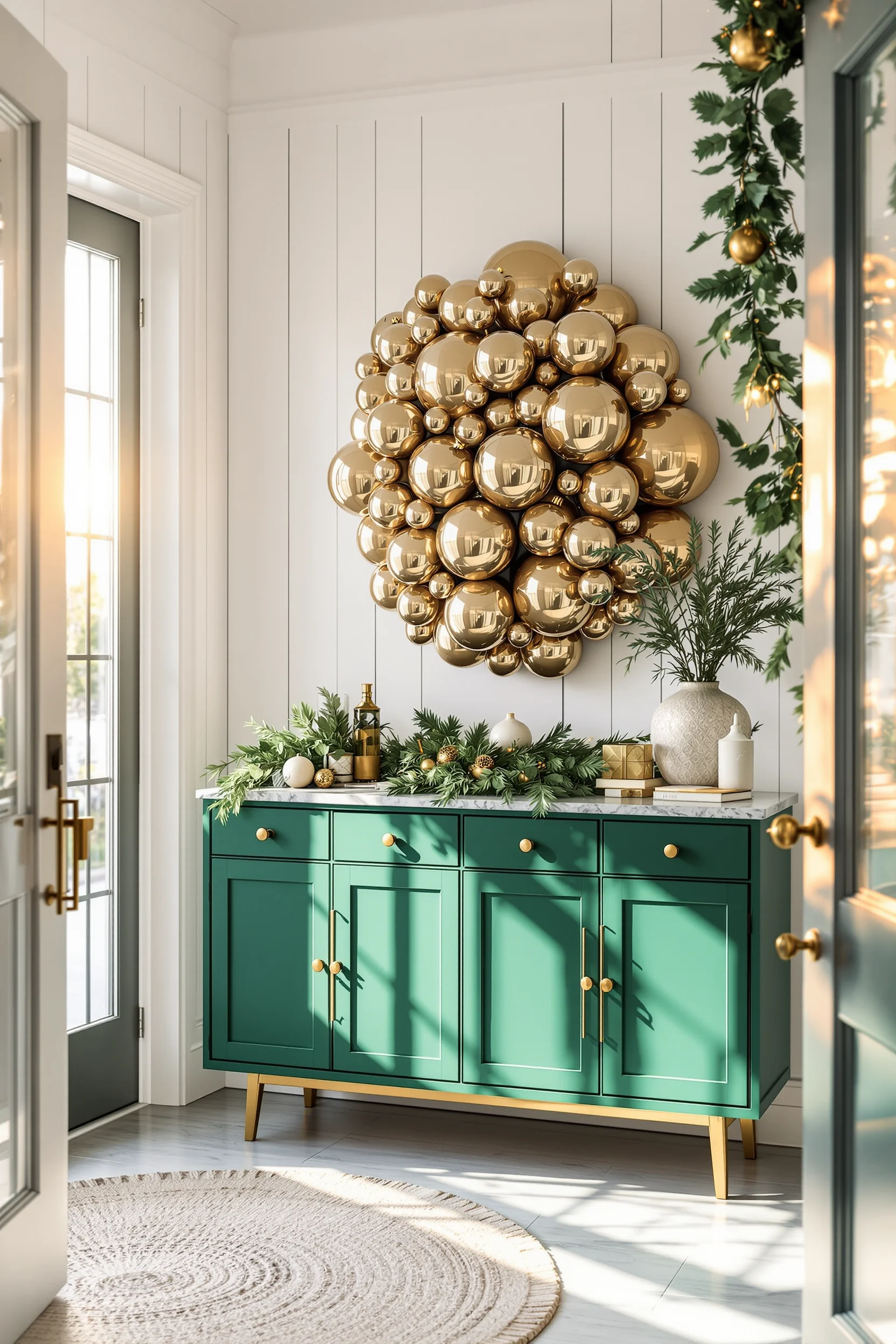 christmas entryway table inspiration with brass hardware and marble accents creating elegant display