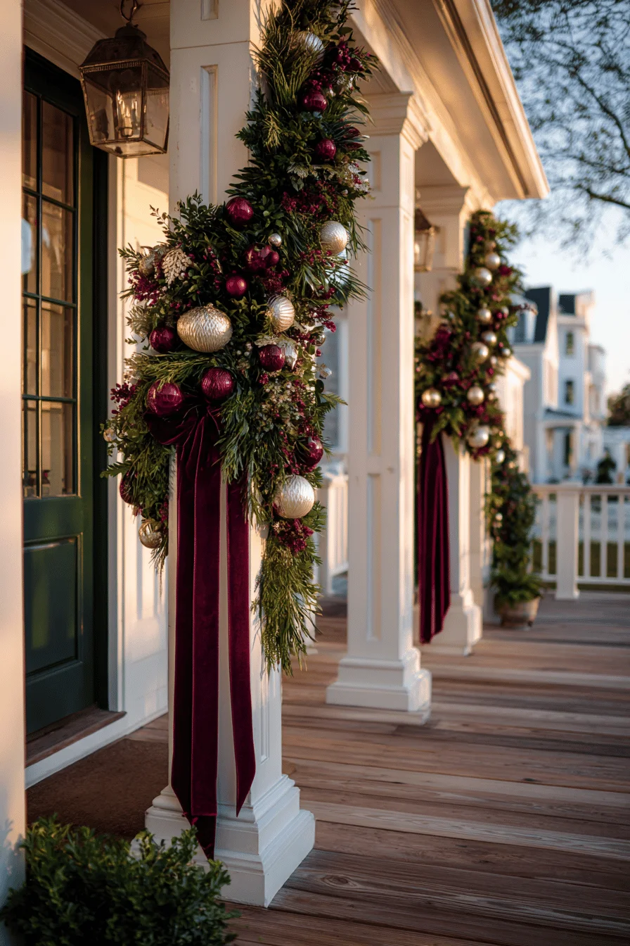 christmas front porch designs showing mixed greenery with silver ornaments against forest green door