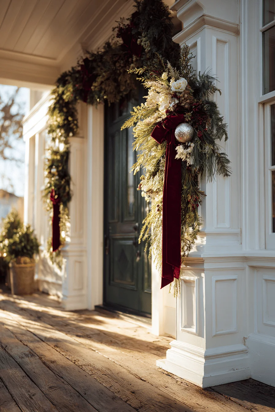 christmas front porch ideas featuring oversized fresh garland with burgundy ribbon on white columns