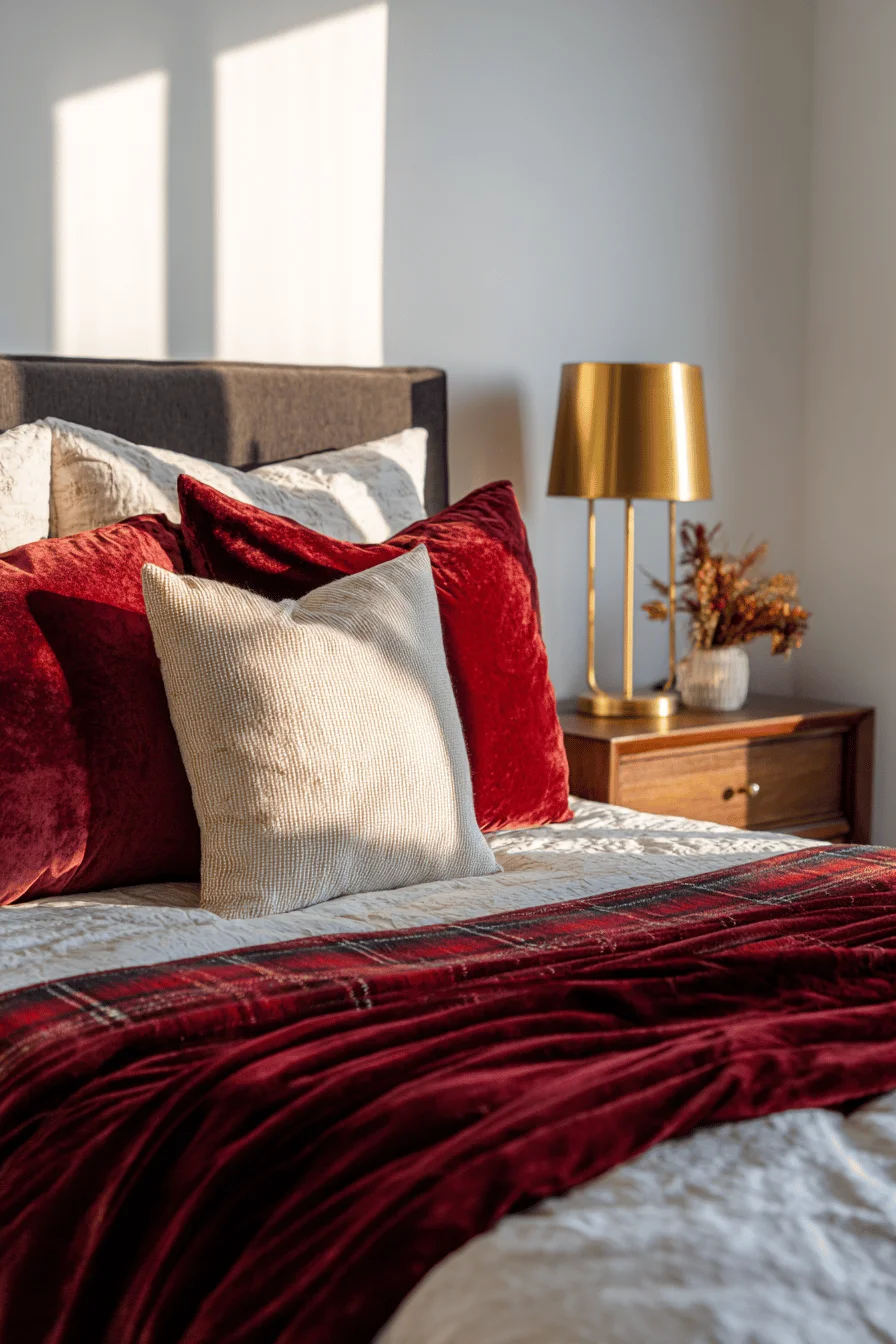 christmas lights in the bedroom inspiration with mahogany wood frame and brass bedside lamp creating warm modern ambiance