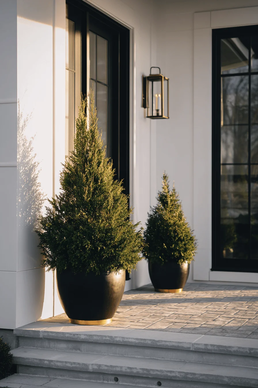 christmas porch aesthetics with premium ceramic planter containing large evergreen tree creating festive entrance decor