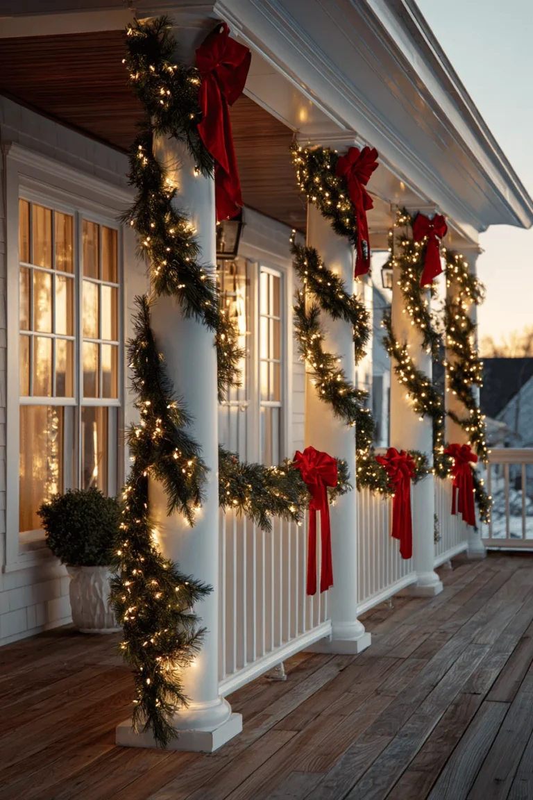 christmas porch decor designs showing golden hour lighting on cedar planking with bronze fixtures