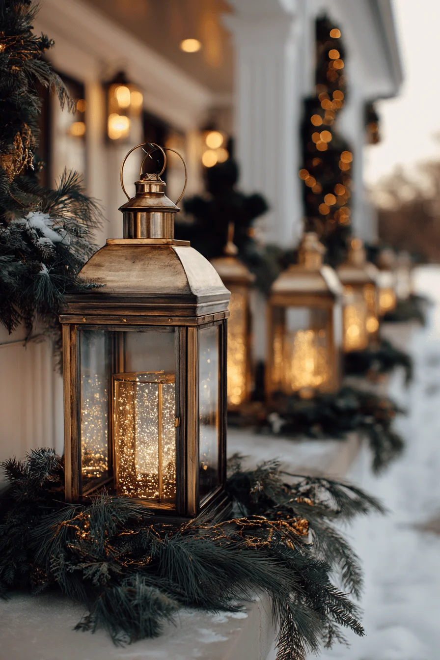christmas porch decor designs showing multiple lantern heights with frosted glass and metallic accents