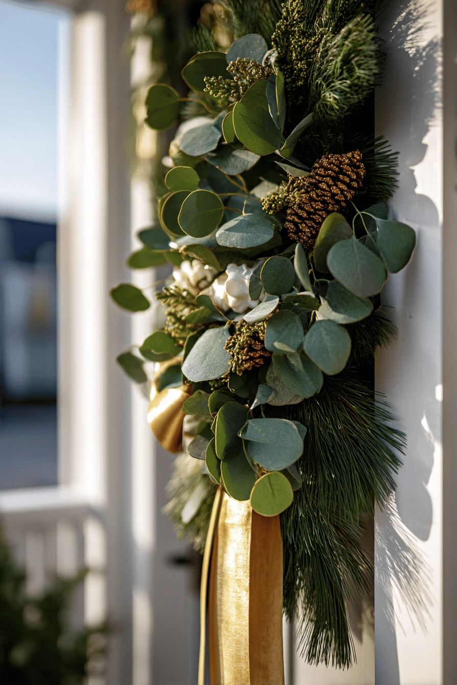 christmas porch decor designs with forest green swag arrangement and metallic ribbon accents on entrance