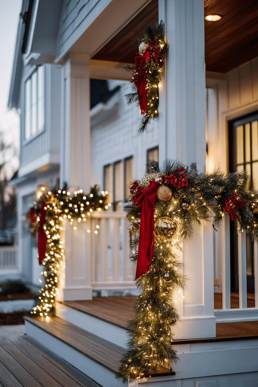 christmas porch decor inspiration displaying red velvet ribbon and metallic ornaments on white railings