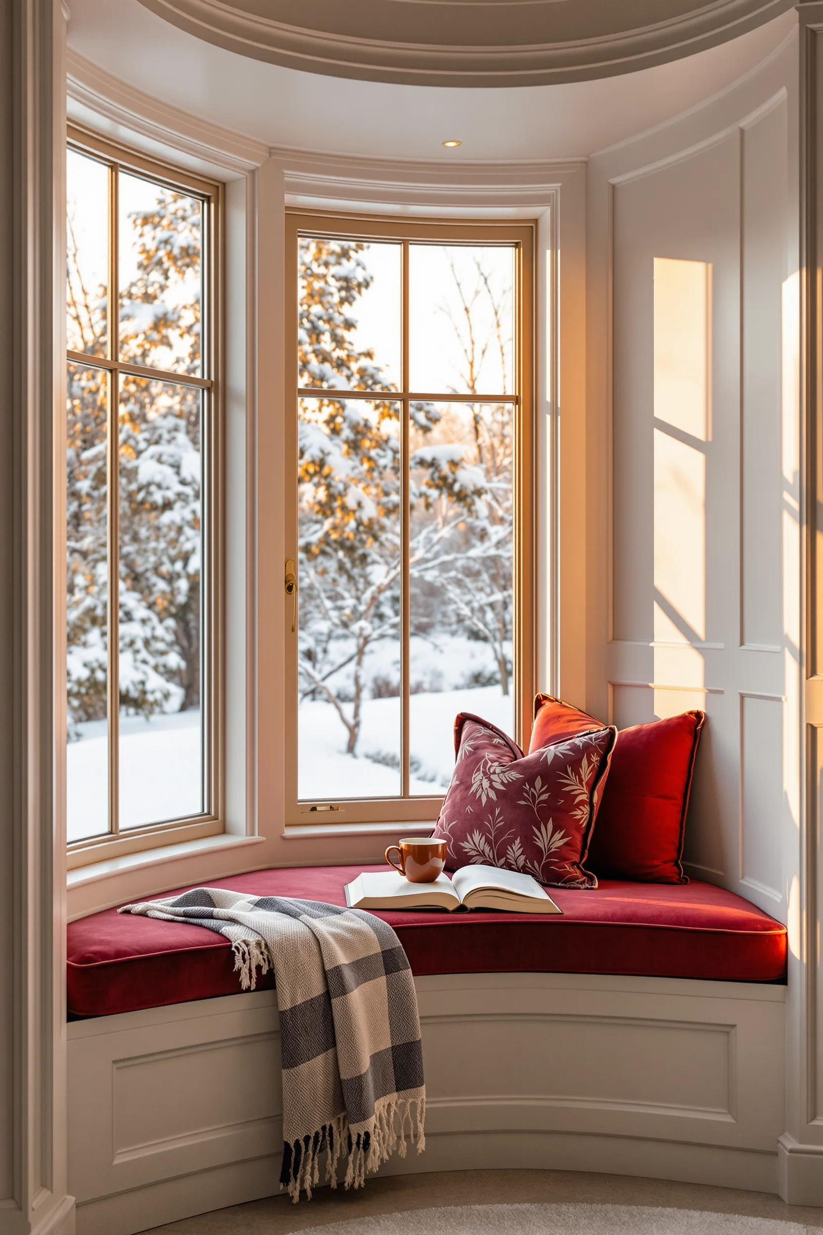 christmas reading nook aesthetics featuring oversized window seat with holiday book and blanket arrangement