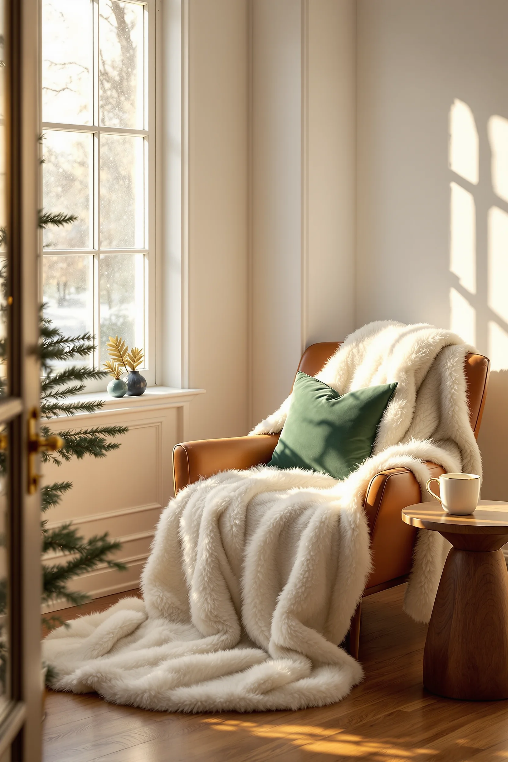 christmas reading nook aesthetics showcasing elegant leather chair with velvet pillows against crisp white wall