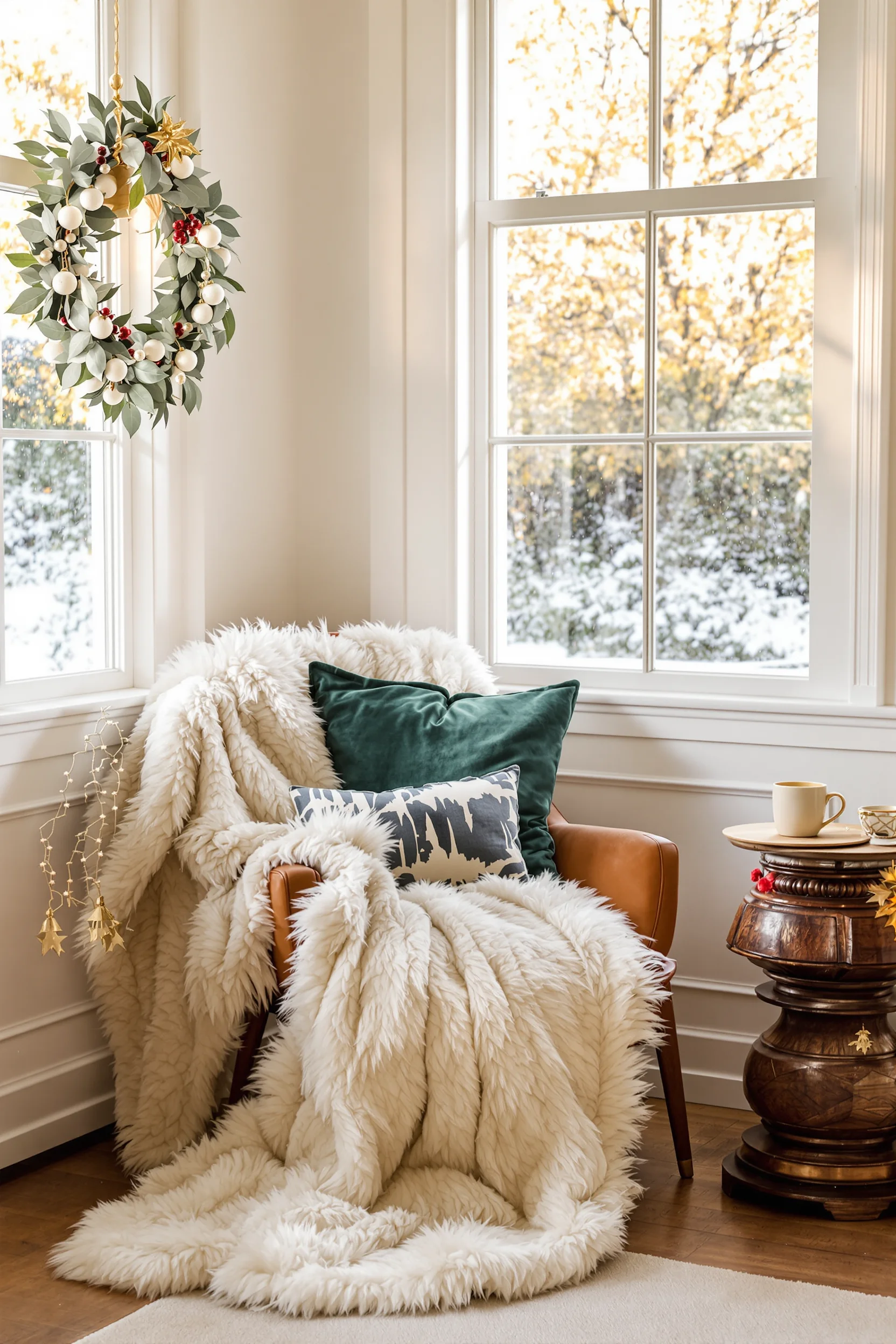 christmas reading nook designs showing cozy armchair with cashmere throw and steaming mug on wooden table