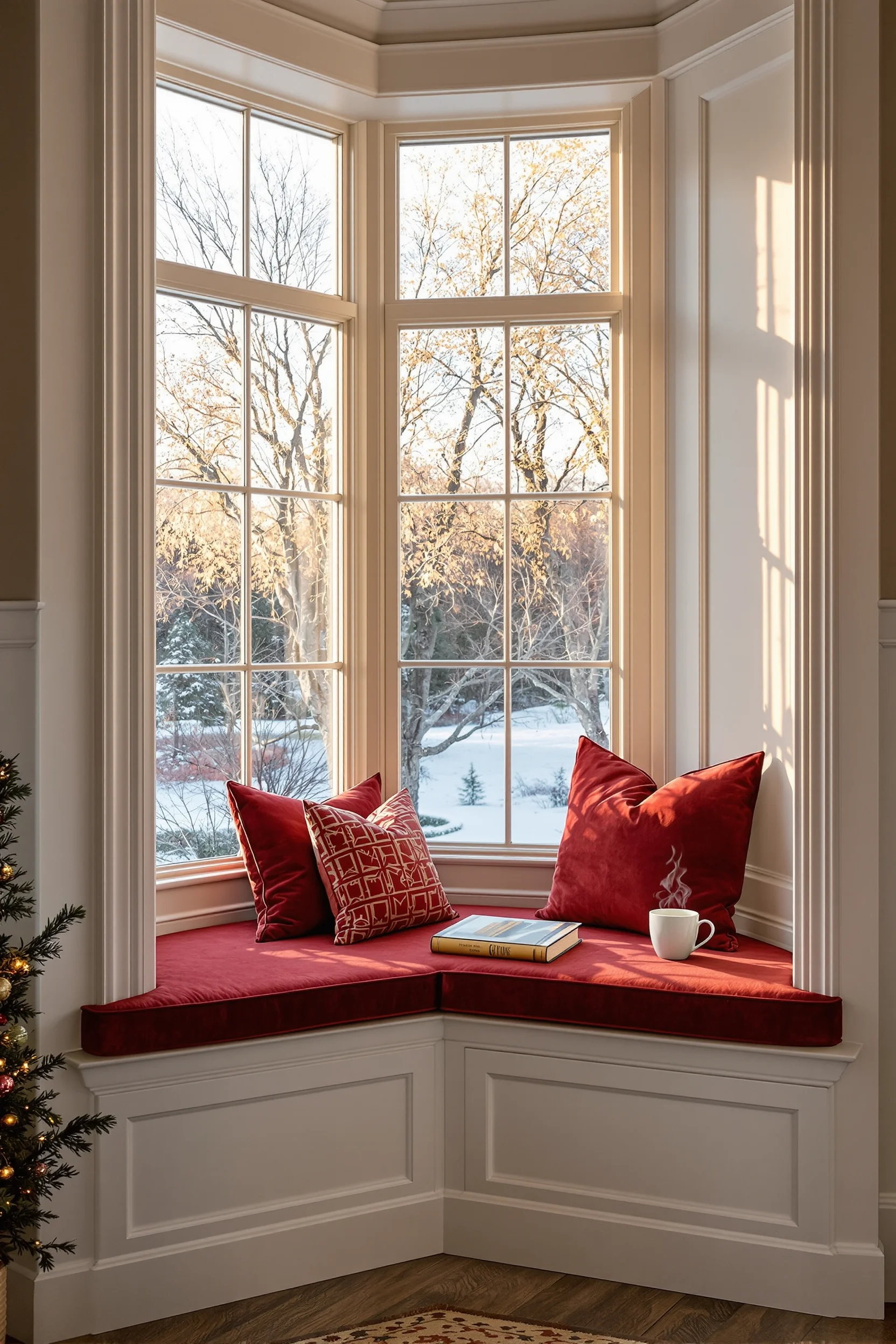 christmas reading nook ideas featuring corner window seat with burgundy velvet cushion and winter lighting