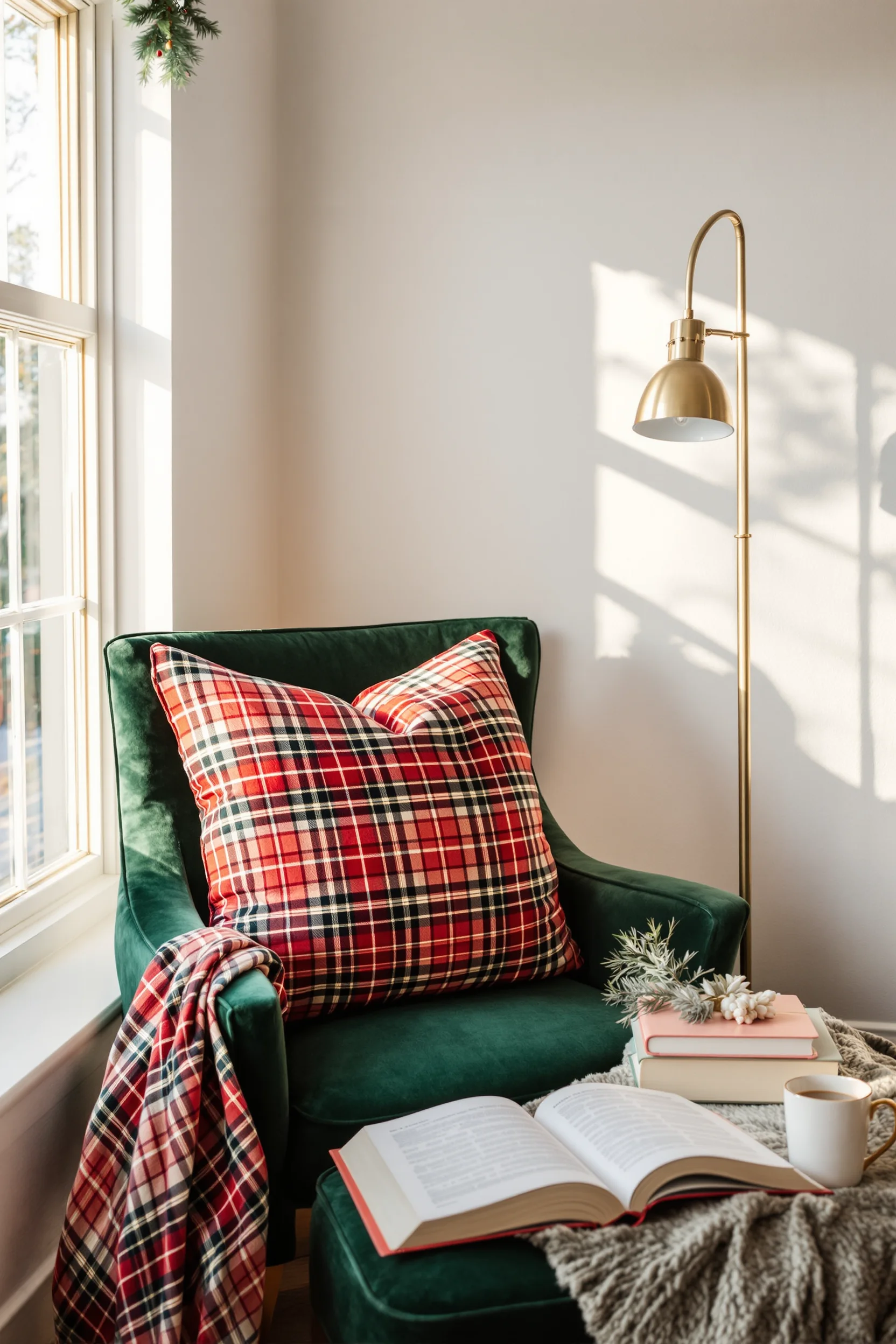 christmas reading nook ideas featuring emerald velvet chair with plaid throw pillow and brass lamp