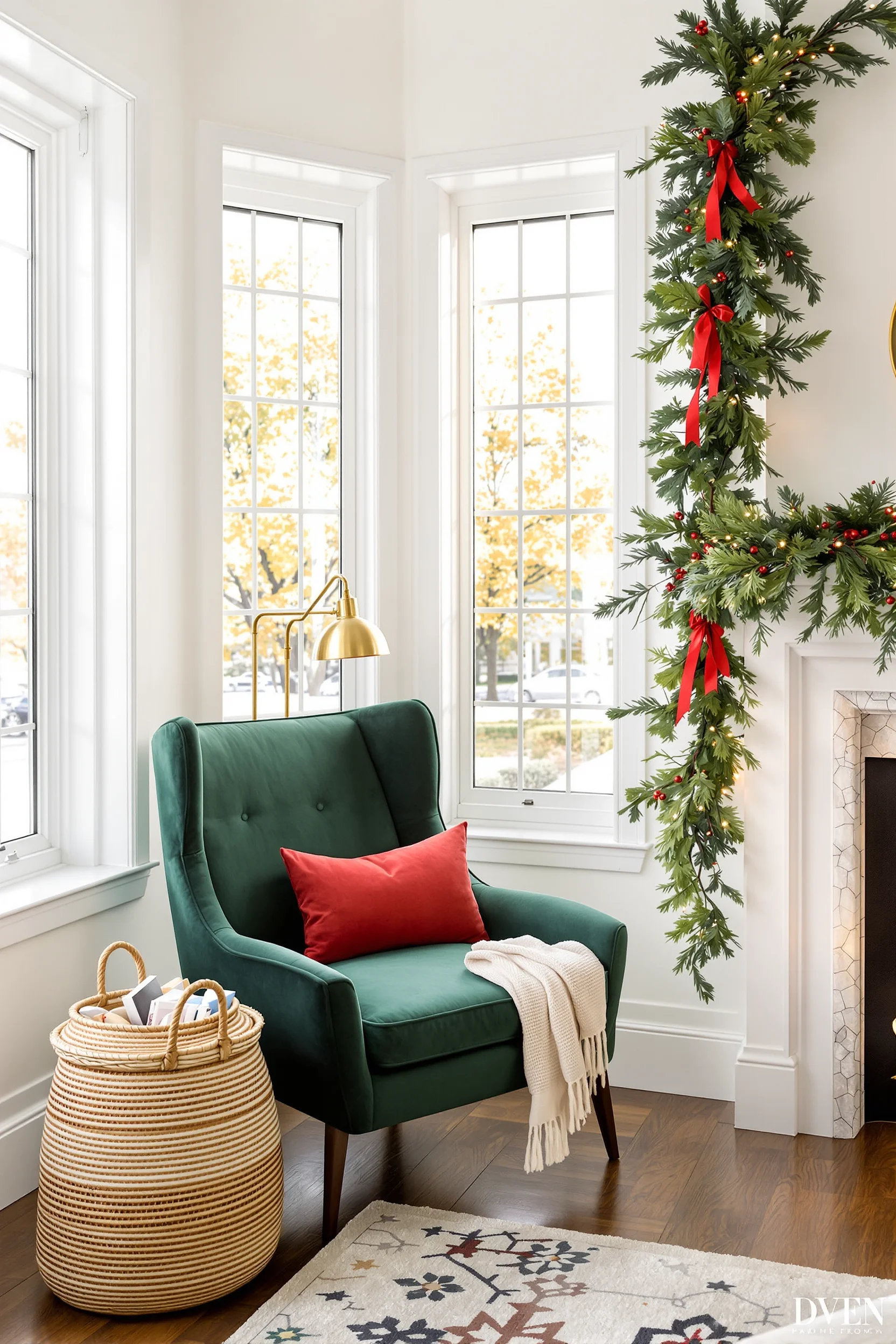 christmas reading nook ideas featuring emerald velvet chair with woven basket storage and evergreen garland
