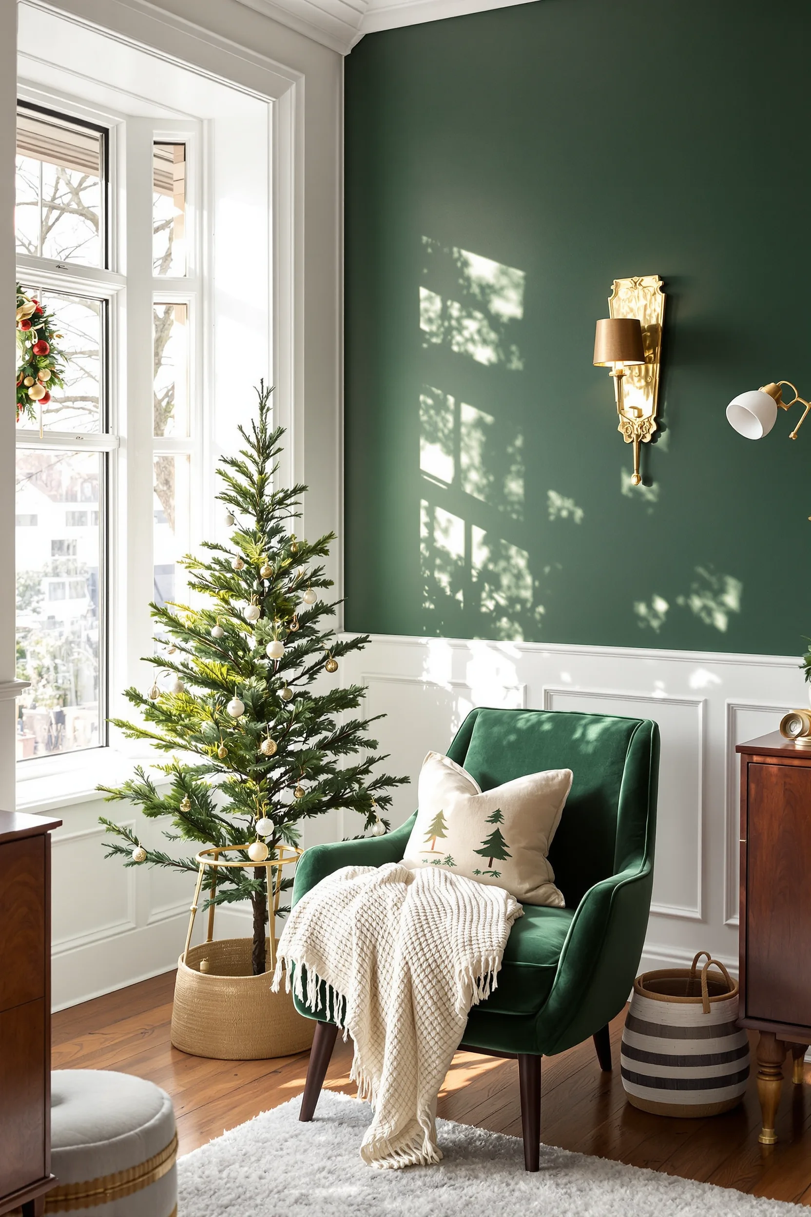christmas reading nook ideas featuring mini tree green velvet chair white walls warm lighting