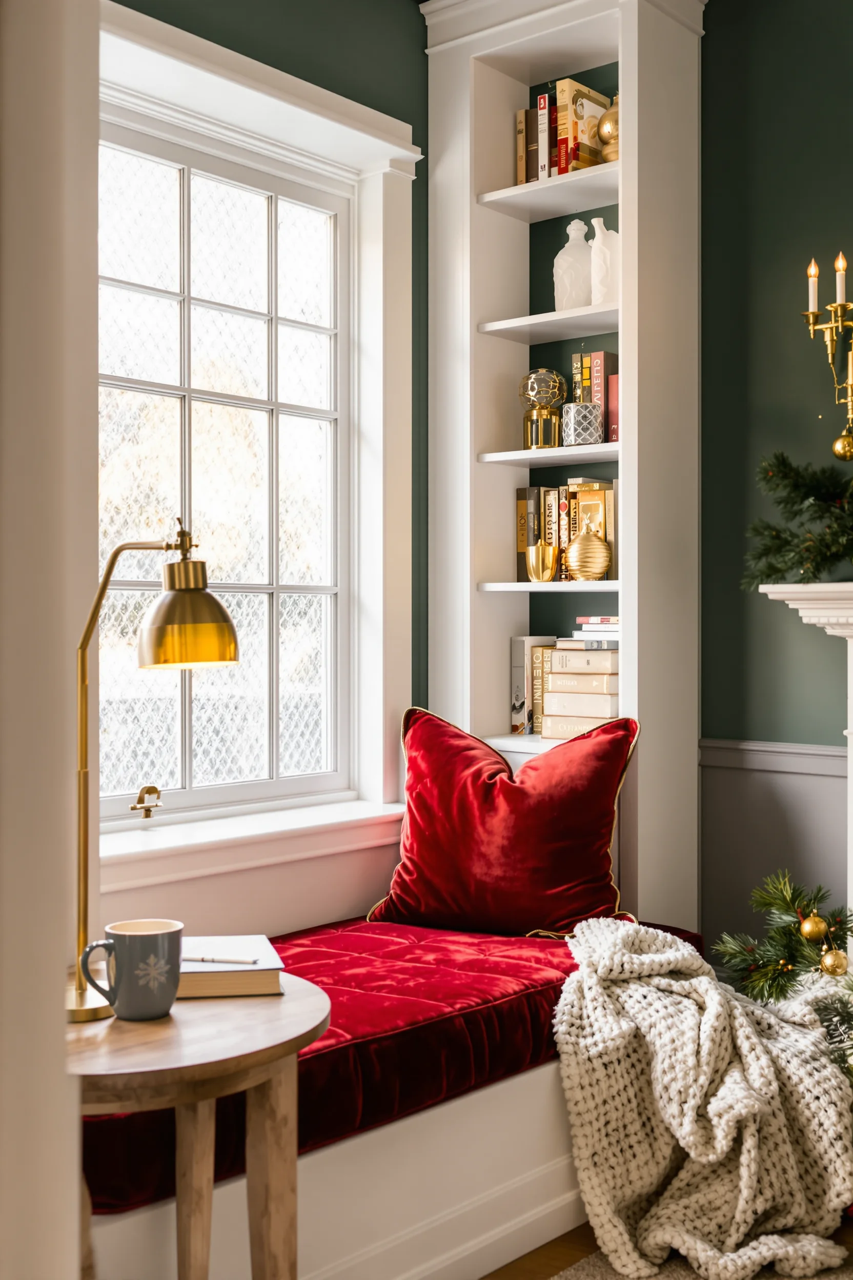 christmas reading nook ideas featuring red velvet cushion and white built in bookshelf